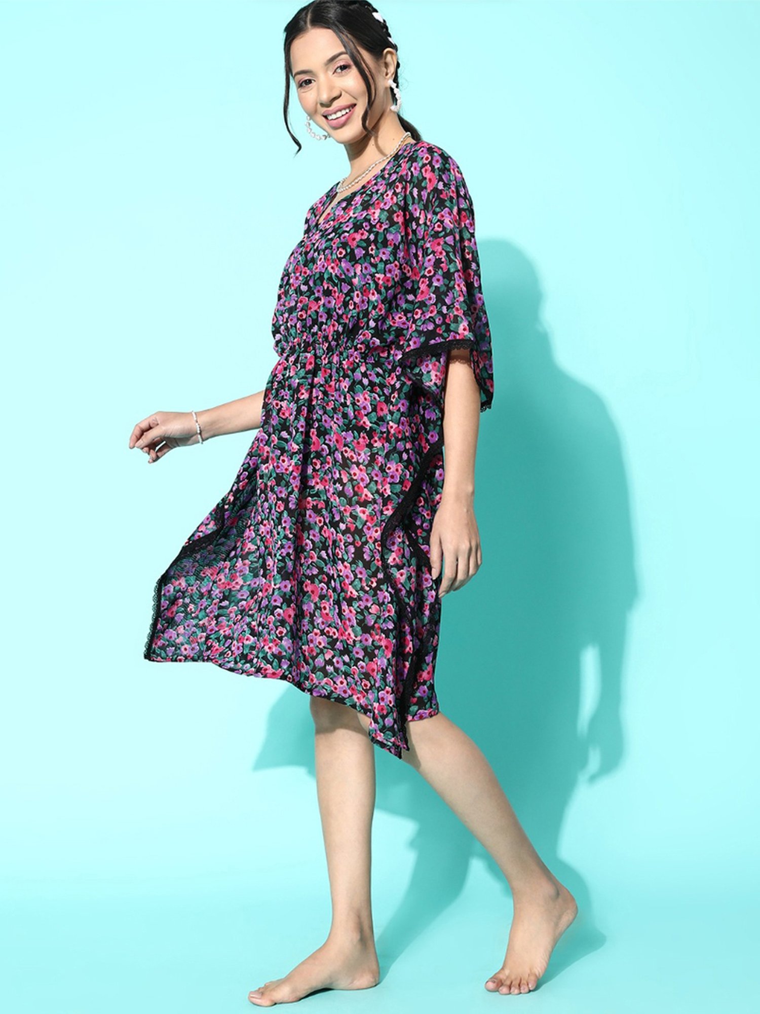 Erotissch Purple Floral Print Beachwear Kaftan