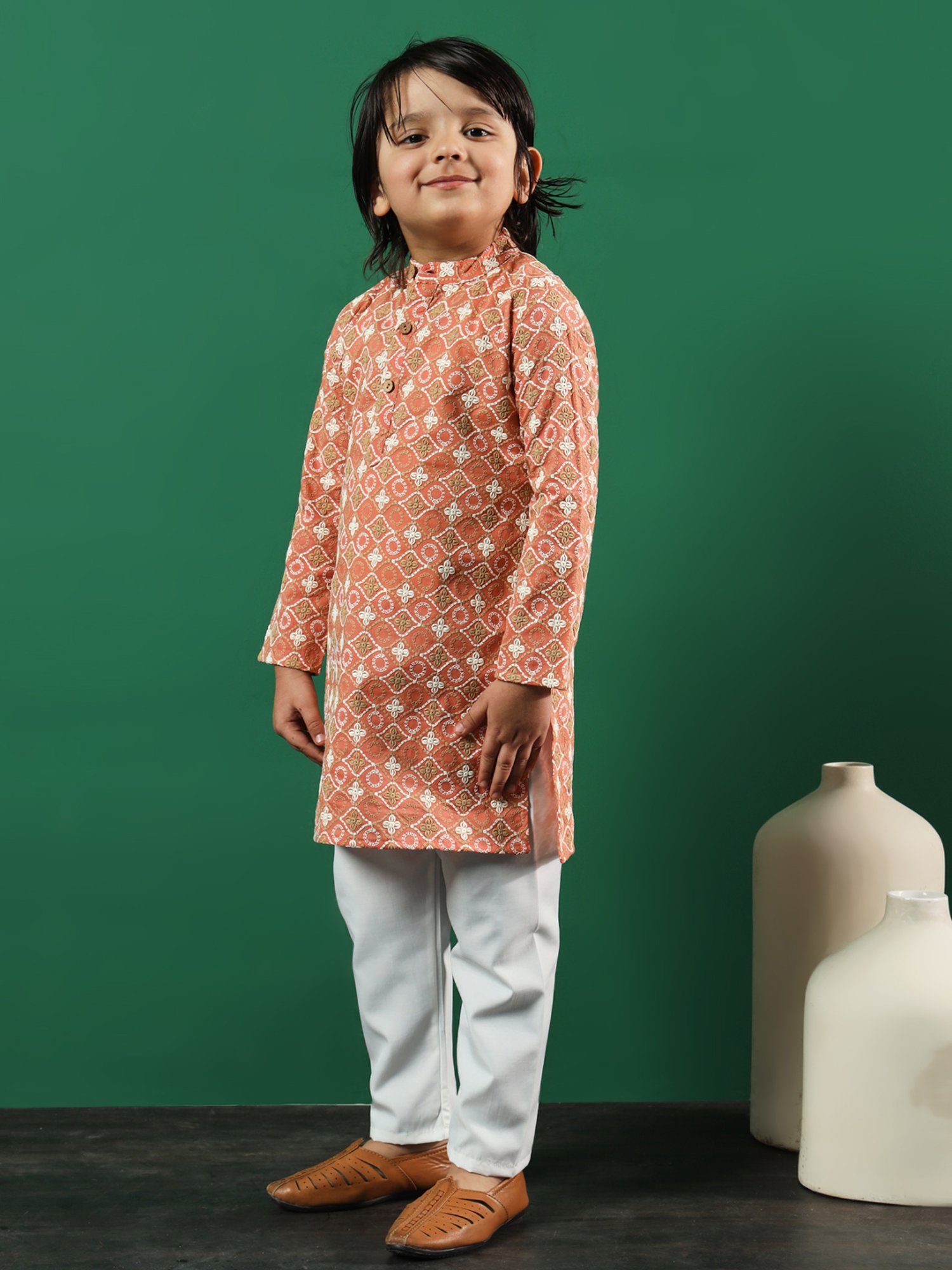 READIPRINT FASHIONS Kids Peach & White Embroidered Full Sleeves Kurta with Pyjamas
