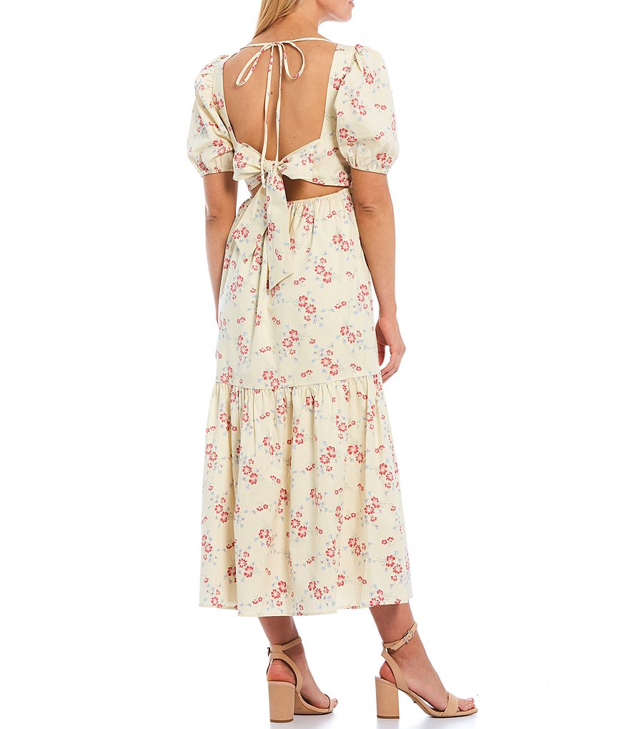 WAYF Whisper Floral Print Square Neck Puff Sleeve Tie Back Midi Tiered Dress