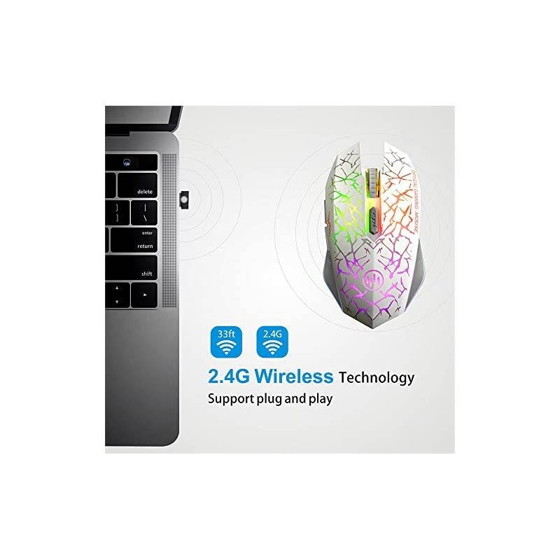 K6 Wireless Gaming Mouse Rechargeable Silent LED Optical Computer Mice with USB Receiver 3 Adjustable DPI Level and 6 Buttons Auto Sleeping Compatible LaptopPCNotebook White