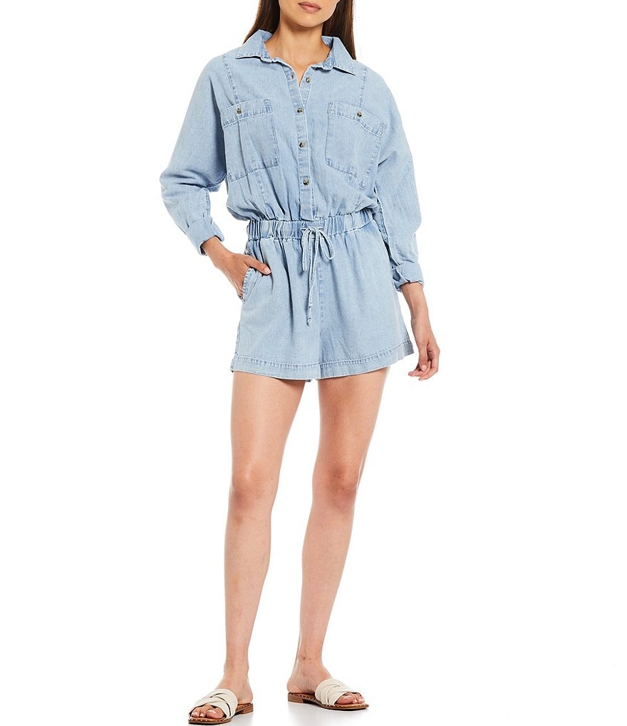 Every Chambray Roll Sleeve Button Down Tie Waist Romper