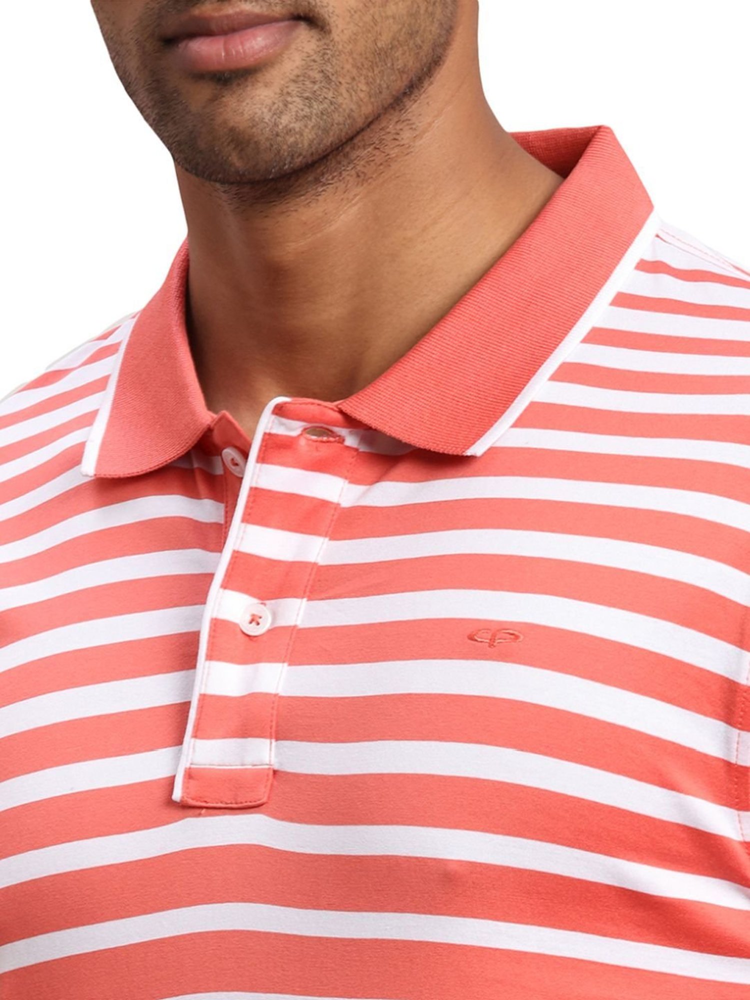 Colorplus Orange Cotton Tailored Fit Striped Polo T-Shirt