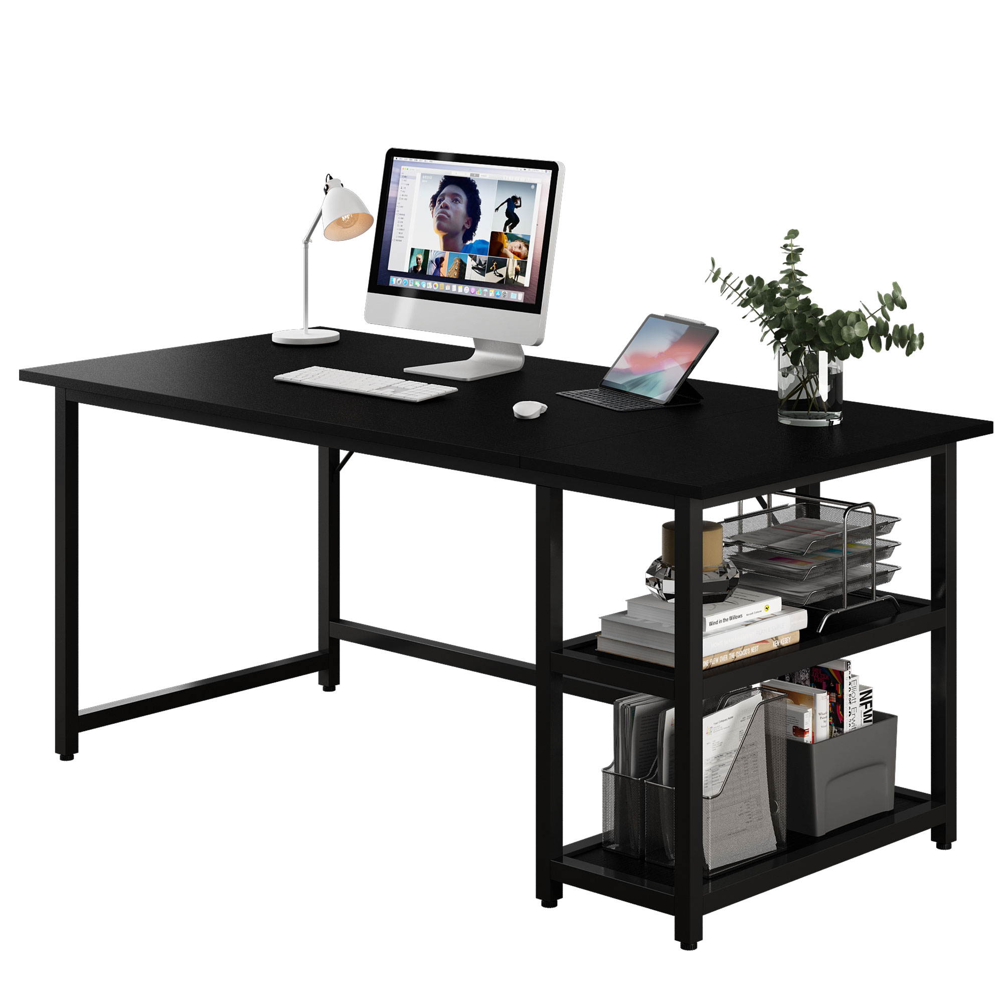 Shamdon Home Collection Home Office Computer Desk, Modern Minimalist Style Study Writing Desk with Wooden Storage Shelf,2-Tier Industrial Laptop Table with Splice Board