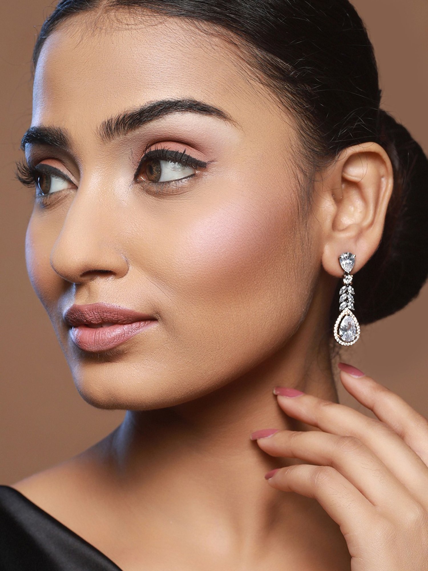 Priyaasi Elegant AD Leaf Gunmetal-Plated Dangler Earrings