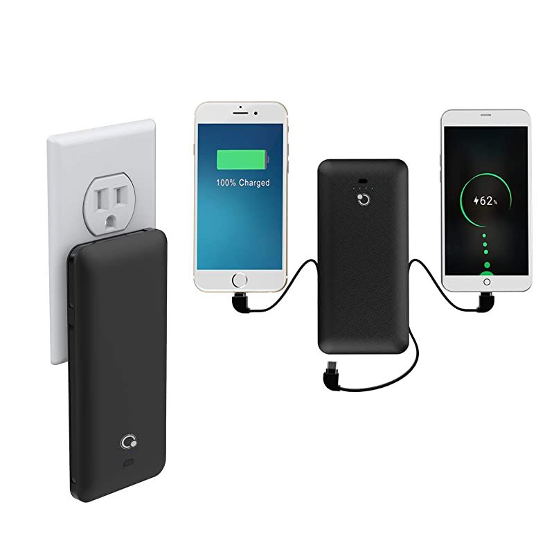 Portable Charger Ultra Slim Power Bank4 Output and Dual Input External Battery Pack with Builtin AC Wall Plug Micro USB Type C Three Cables with USB Output Compatible with All mobilephone