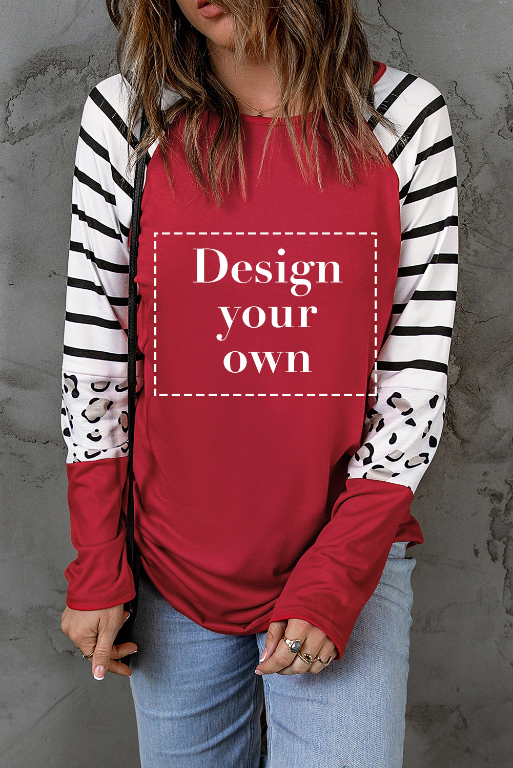 Blank Sweatshirt - Red Striped Animal Print Long Sleeve Top Customized