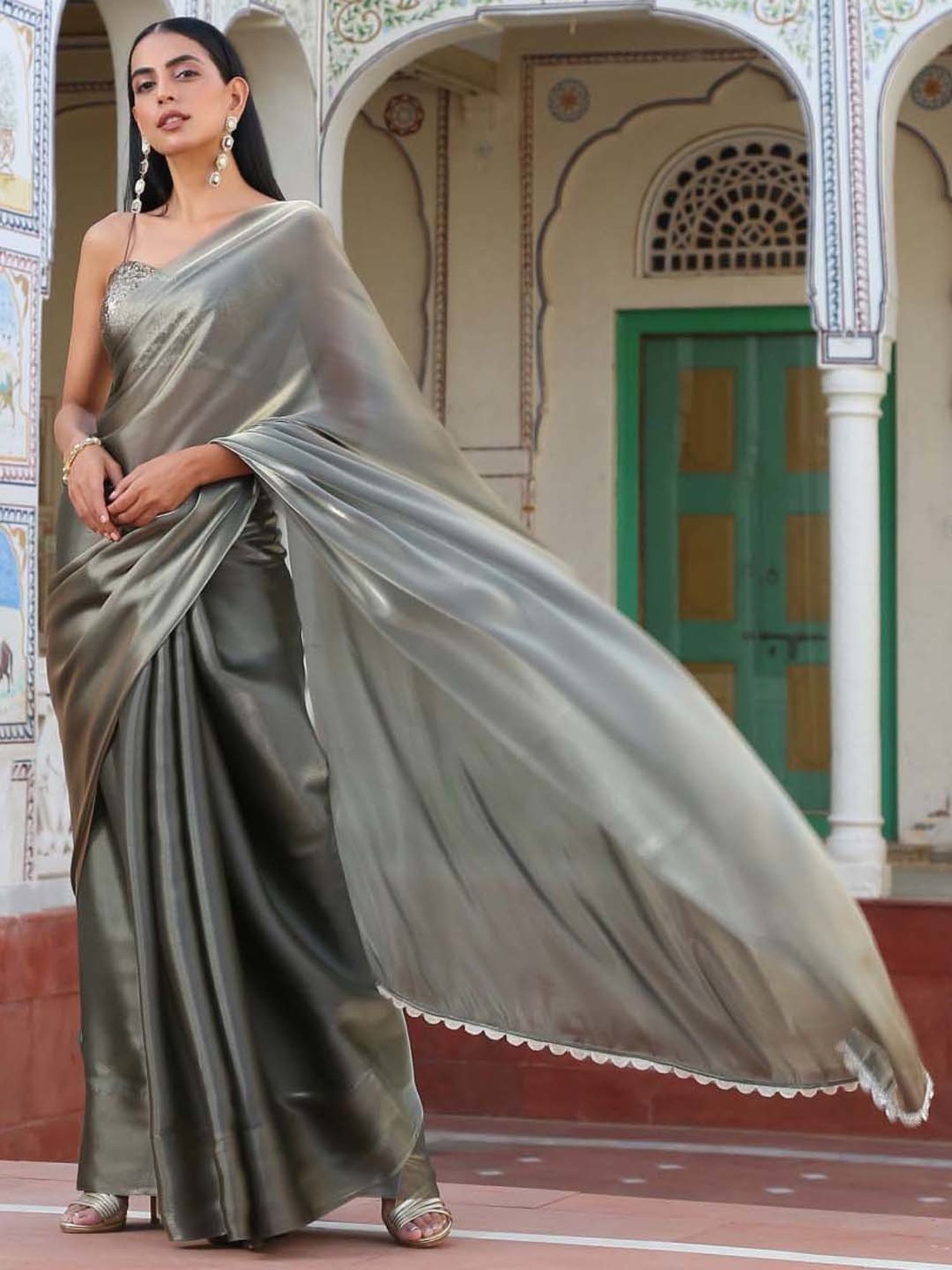 Swtantra Grey & Golden Organza Saree