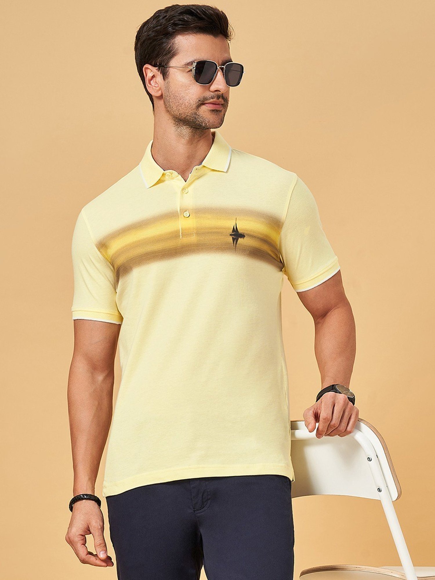 Byford By Pantaloons Light Yellow Slim Fit Printed Polo T-Shirt