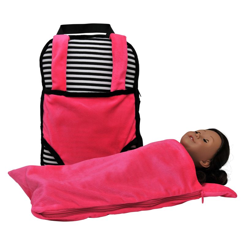 The Queen's Treasures Child Size Pink & Black Backpack with 18" Doll Carrier & Doll Sleeping Bag