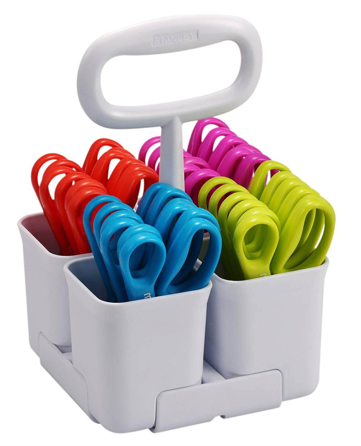 Stanley Removable 4 Cup Scissor Caddy and Minnow  5-Inch Pointed Tip Kids Scissors, 24 Pack (SCICAD-PT24)