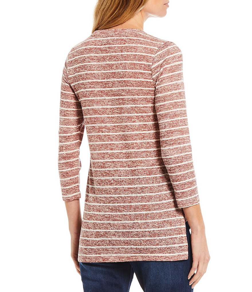 Bobeau Stripe Print Knit 3/4 Sleeve Side Panel Detail Hi-Low Tunic