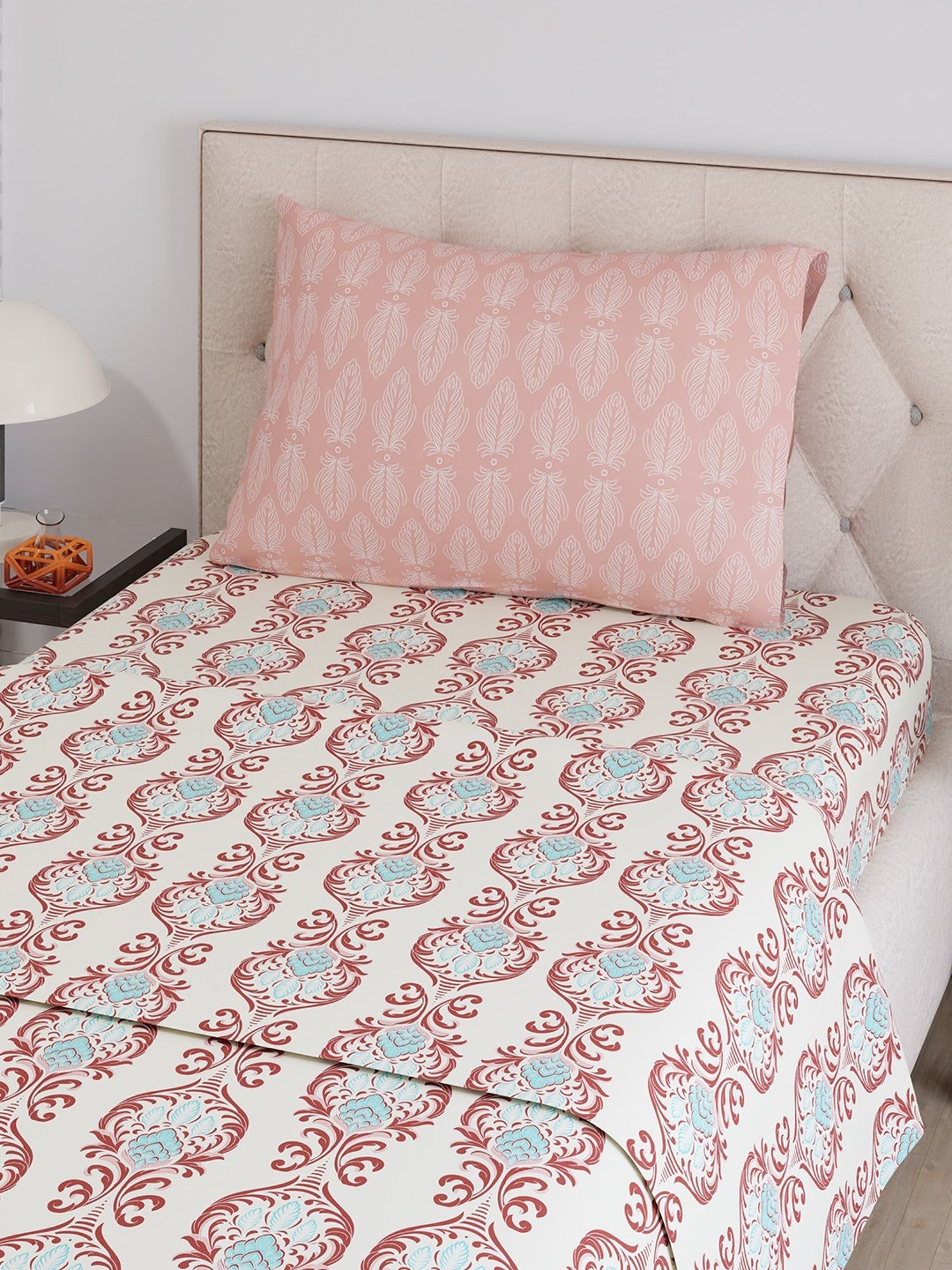 Layers Ivy Motif Maroon Morocco 125 GSM Microfibre Single Bed Sheet with 1 Pillow Cover