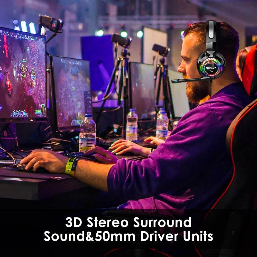 Nivava Gaming Headset for PS4, Xbox One, PC Headphones with Microphone LED Light Mic for Nintendo Switch PS5 Playstation Computer, K6