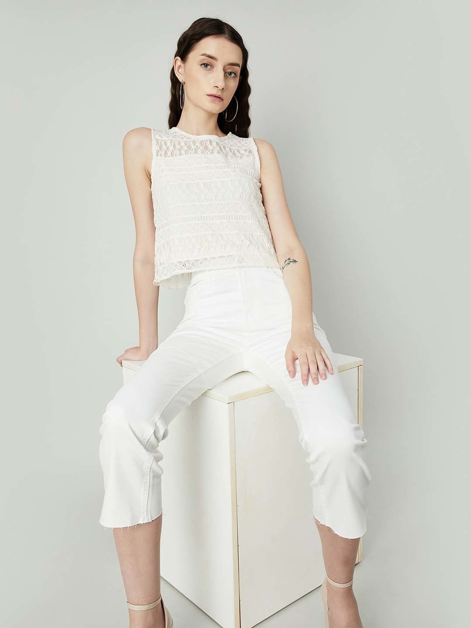 Ginger by Lifestyle Off-White Self Pattern Top