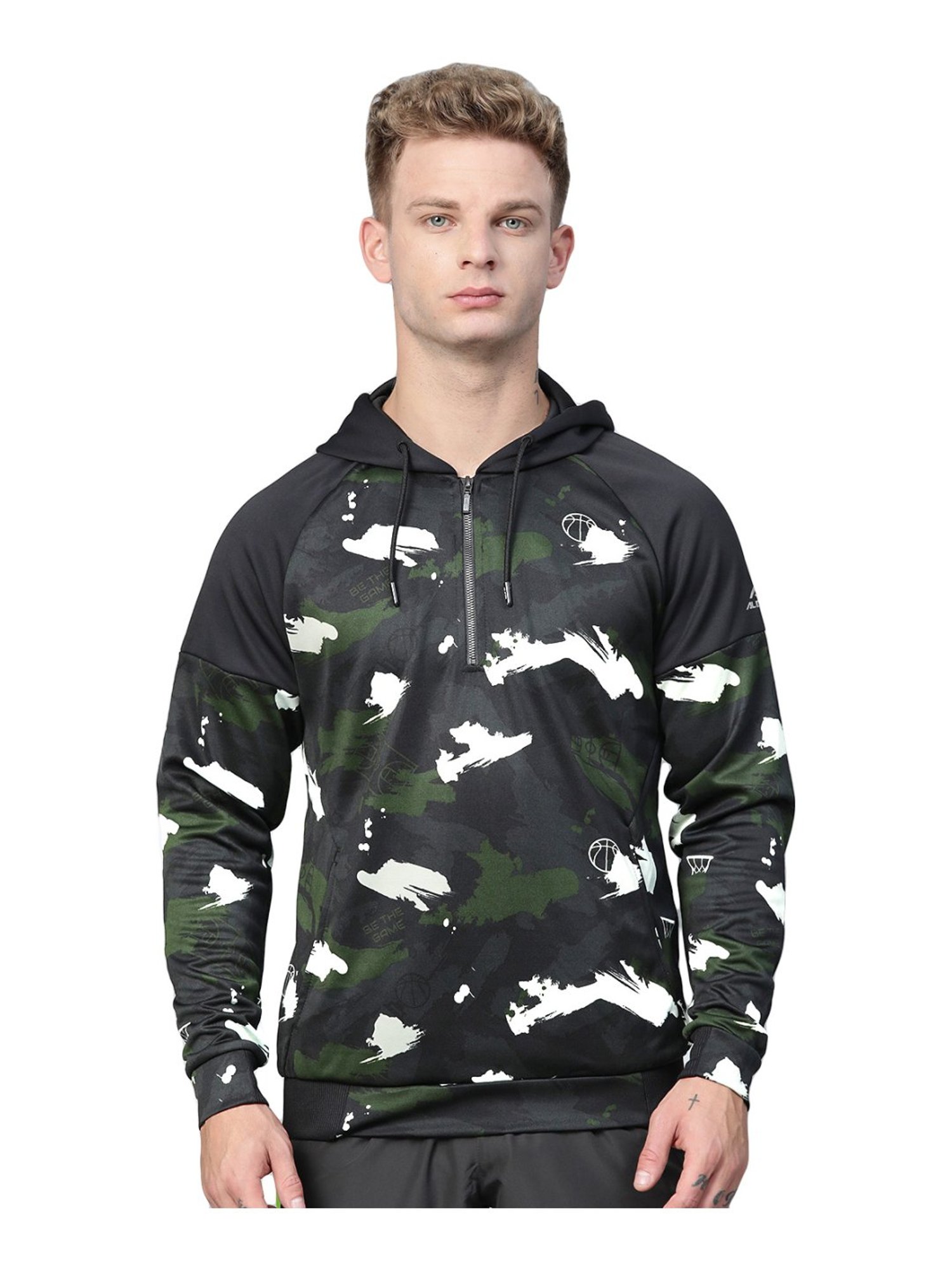 ALCIS Green & Black Regular Fit Camouflage Hooded Sweatshirt