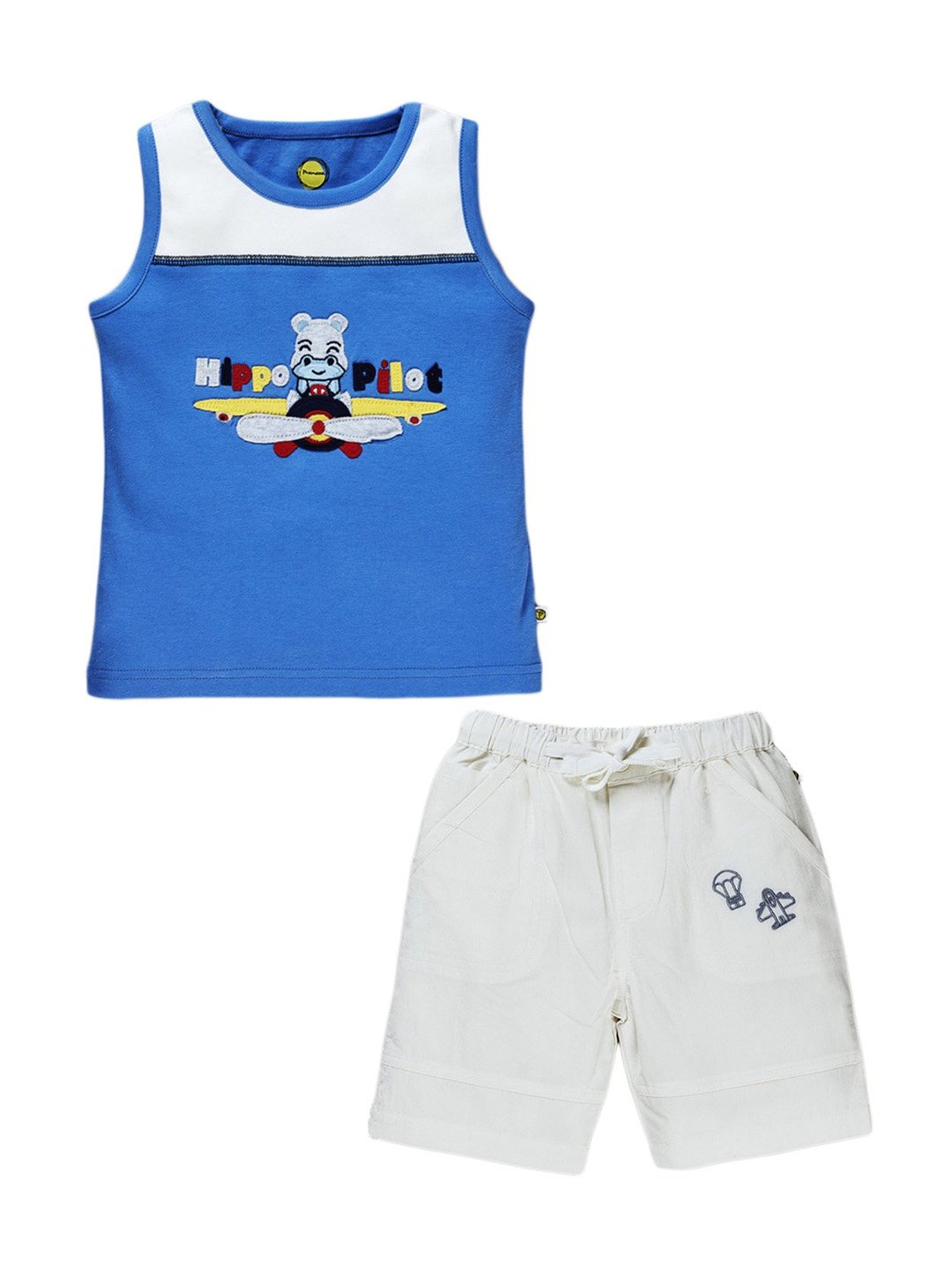 Pranava Kids Blue & White Cotton Patch Work T-Shirt & Shorts