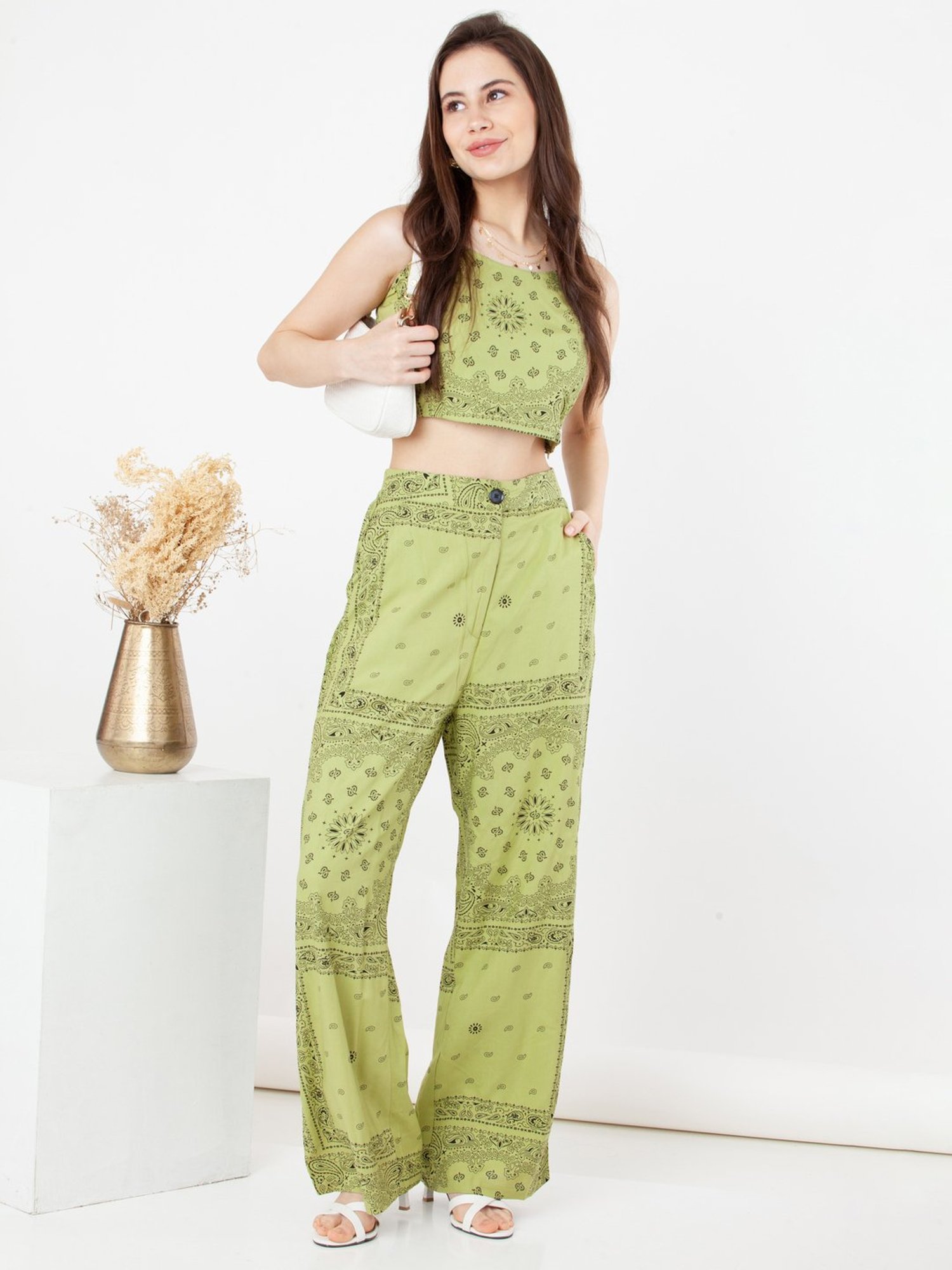 Zink London Green Printed Crop Top