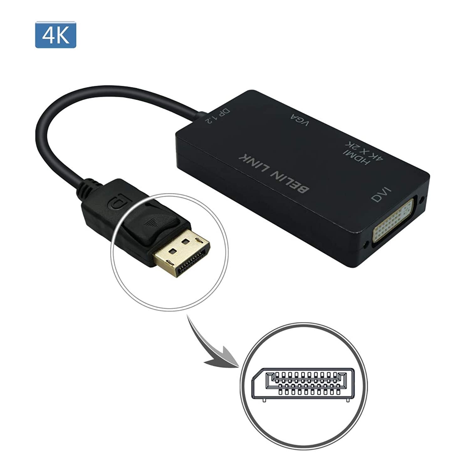 DP to HDMI VGA DVI Adapter Displayport to HDMI 4K Adapter 3 in 1 Display Port to HDMI VGA DVI Converter Male to Female Gold-Plated (Diamond Shaped) (4K Rectangle Black)