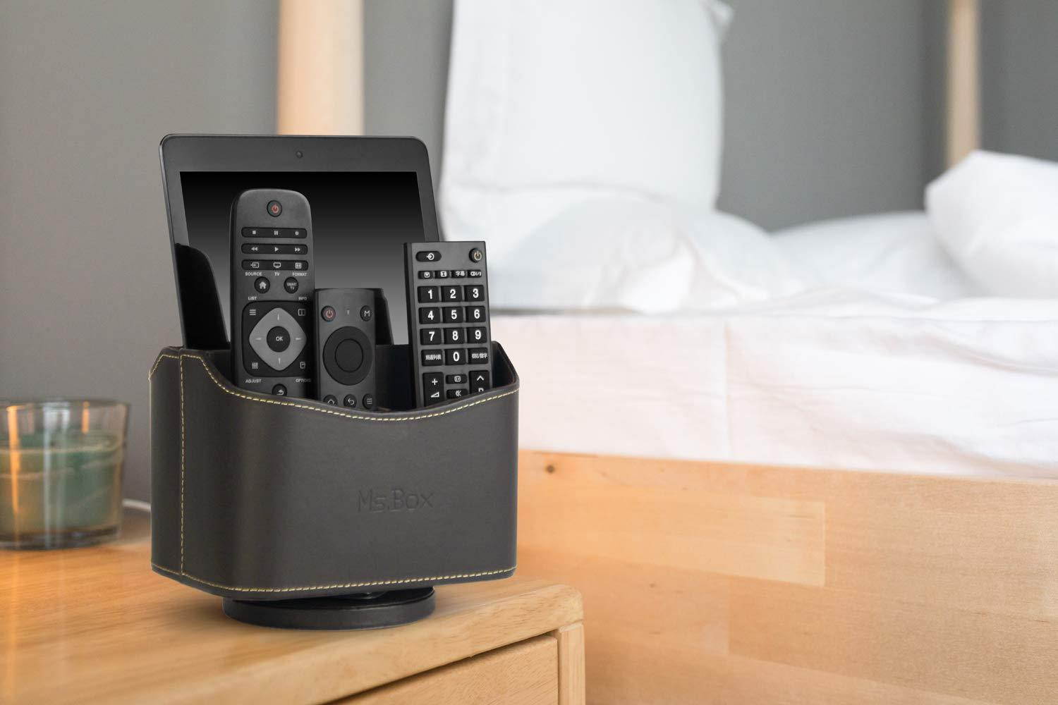 Spinning Remote Caddy, Media Storage Organizer, Remote Control Holder Organizer, Remote Caddy, Brown PU Leather, 7.3X 5.5 x 6 inches