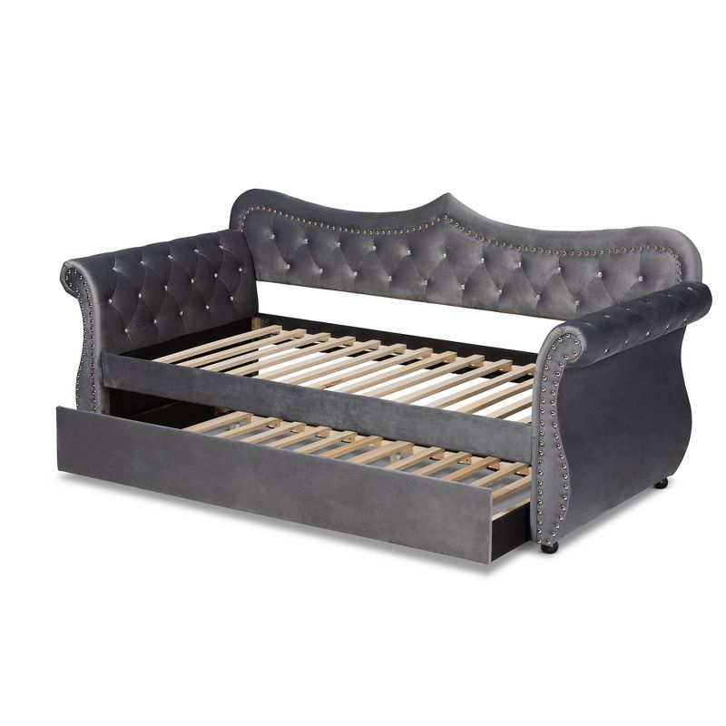 Twin Abbie Velvet Crystal Tufted Daybed with Trundle Gray - Baxton Studio