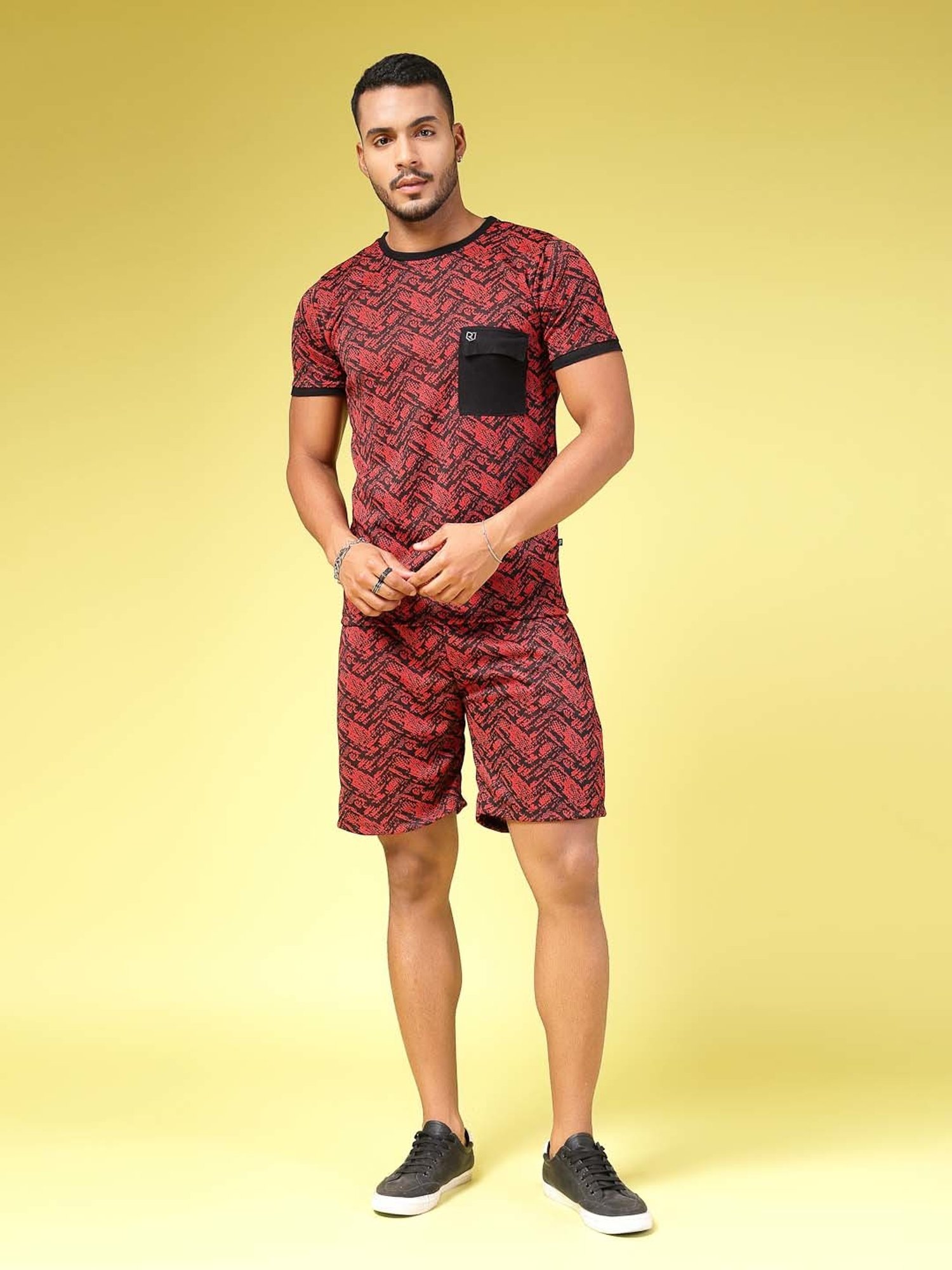 Rigo Maroon Slim Fit Printed T-Shirt & Shorts Set
