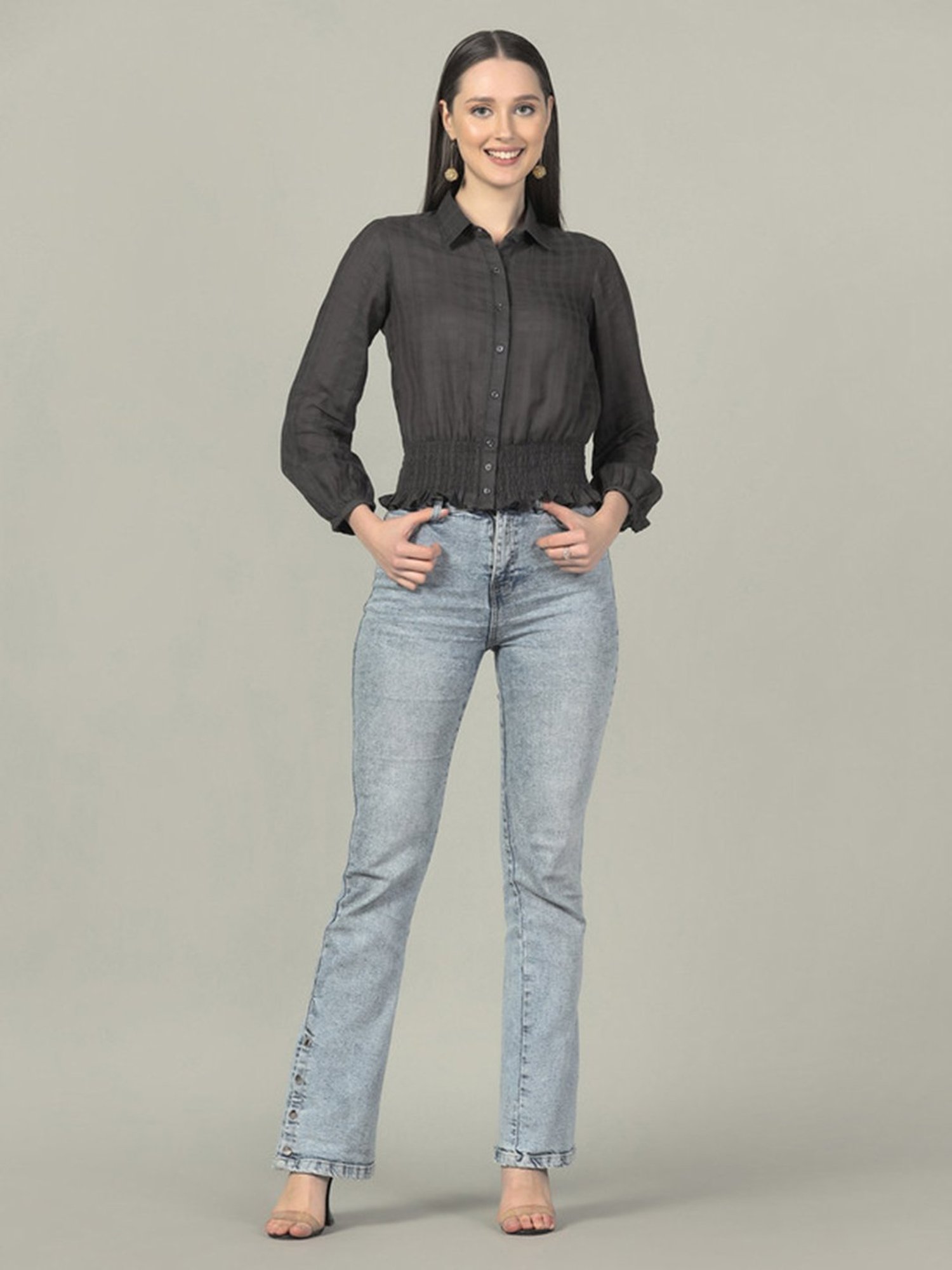 SELVIA Dark Grey Cotton Regular Fit Cropped Shirt