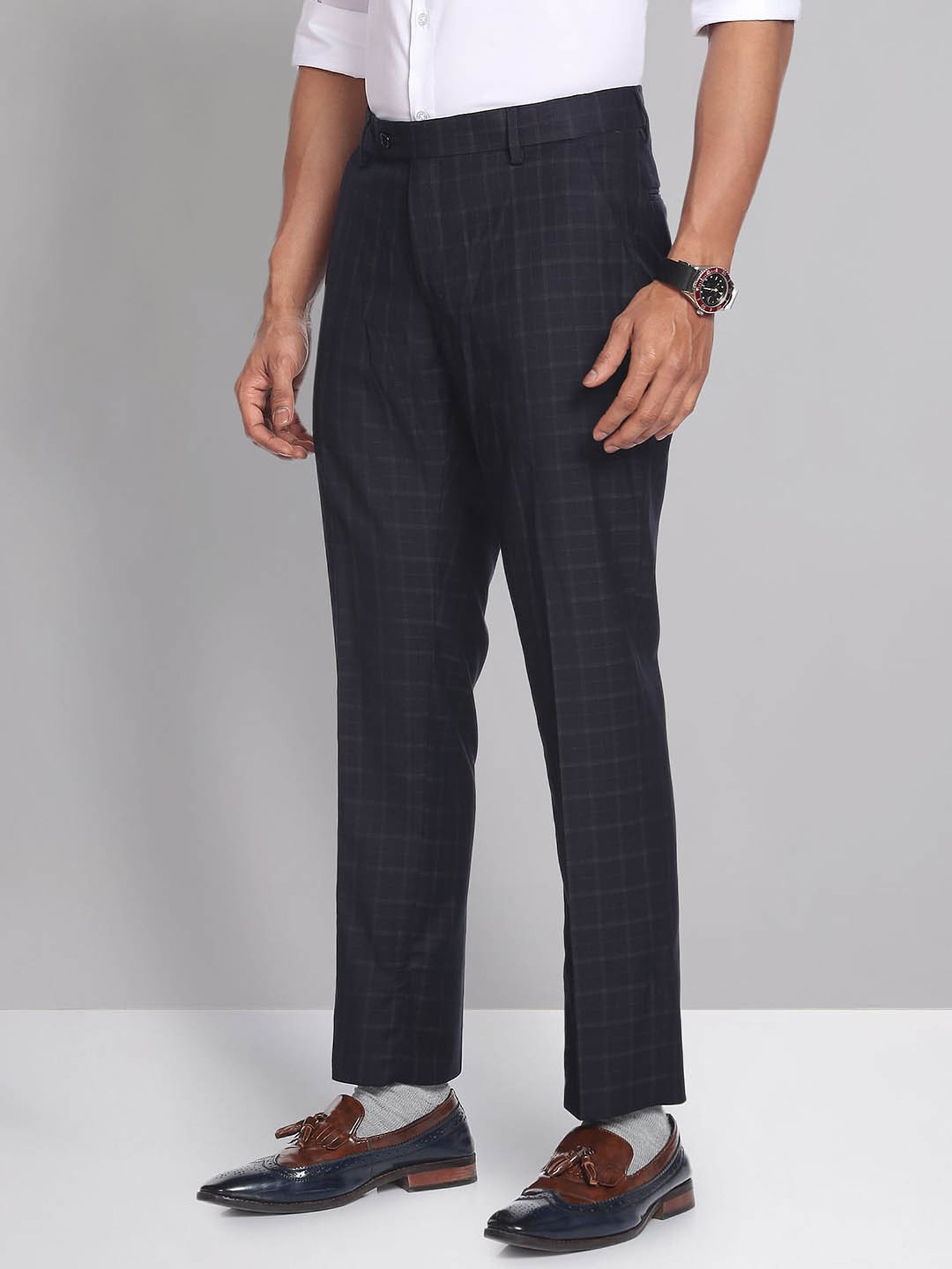 AD by Arvind Dark Navy Regular Fit Flat Front Trousers