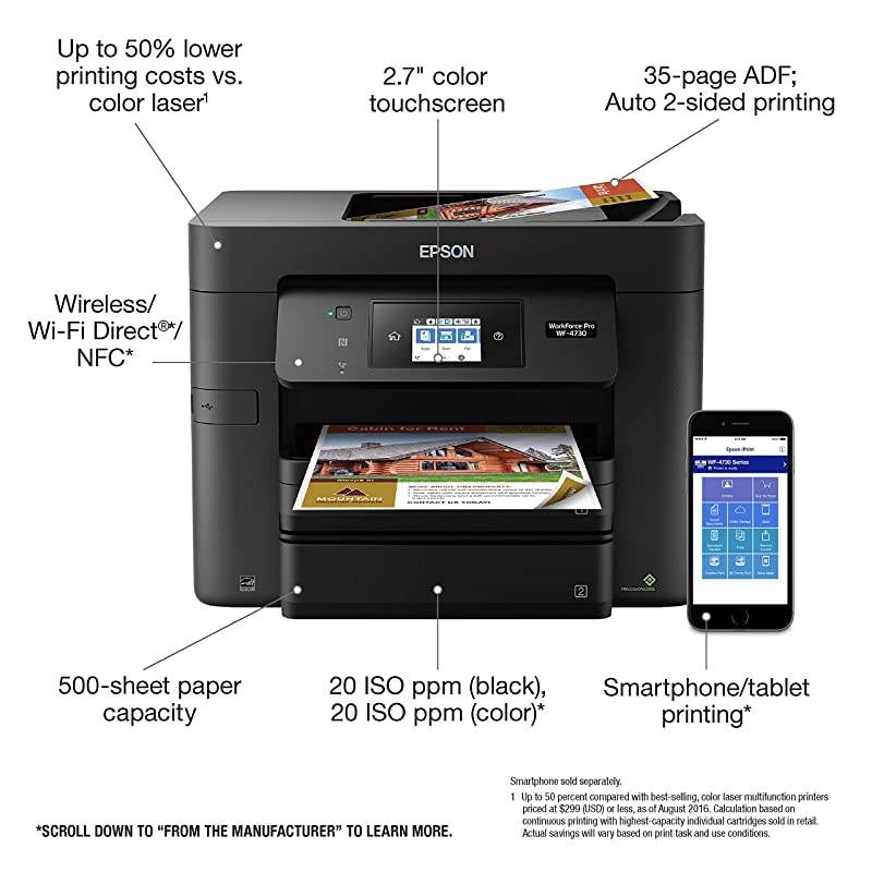 WorkForce Pro WF-4730 Wireless All-in-One Color Inkjet Printer, Copier, Scanner with Wi-Fi Direct,  Dash Replenishment Ready