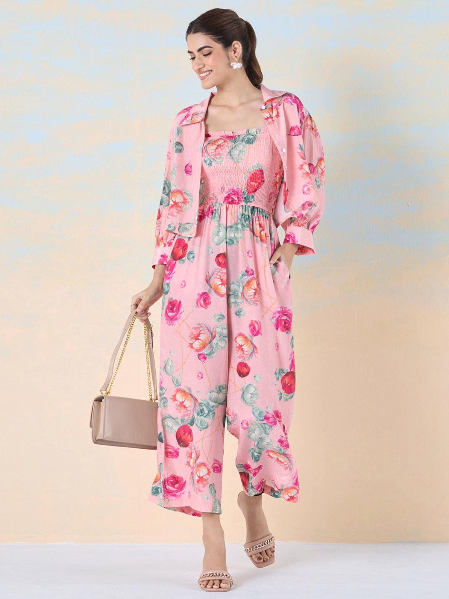 navyasa by liva Pink Floral Print Jumpsuit With Shirt