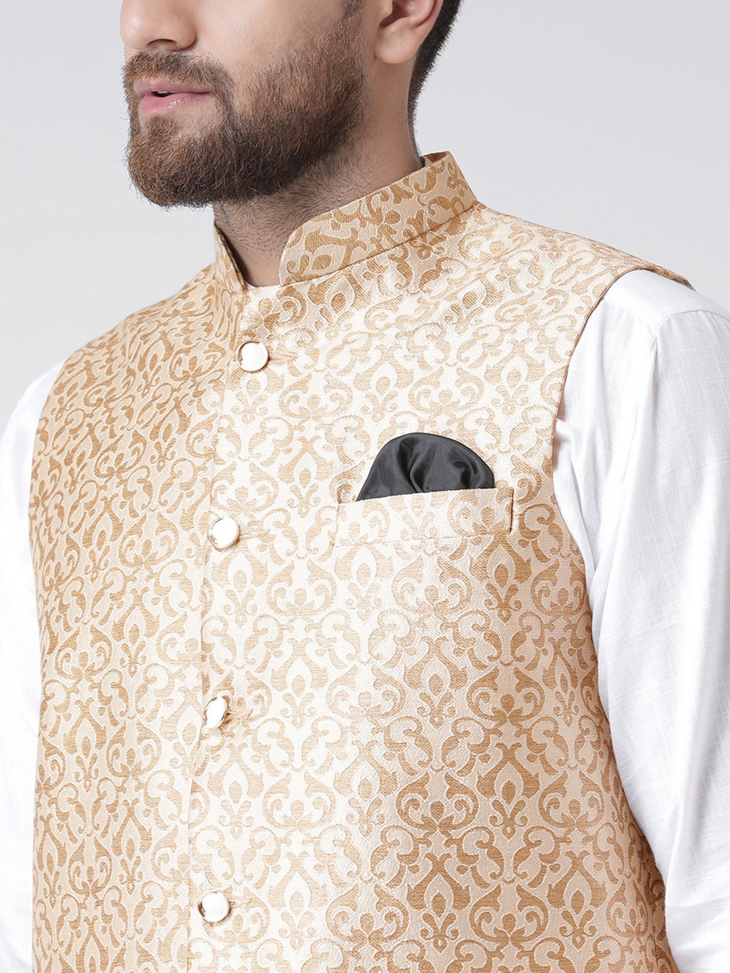 Hangup Plus Beige & Gold Regular Fit Jacquard Nehru Jacket