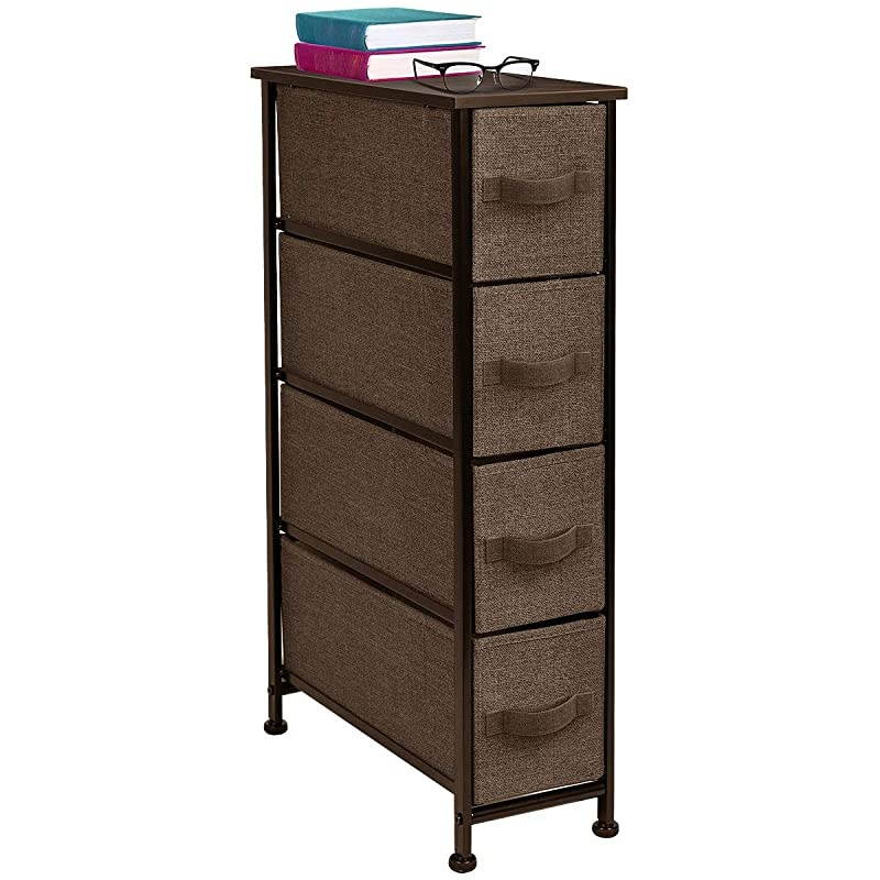 Narrow Dresser Tower with 4 Drawers - Vertical Storage for Bedroom, Bathroom, Laundry, Closets, and more, Steel Frame, Wood Top, Easy Pull Fabric Bins (Brown)