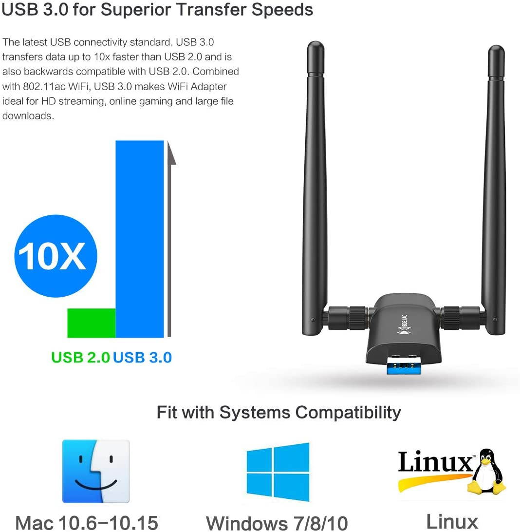 USB WiFi Adapter 1200Mbps Wireless Internet Adapter USB 3.0 WiFi Dongle for PC 802.11AC with 3dBi High Gain Antenna Support Linux Mac OS 10.9~10.15 Windows 10/8.1/8/7/ XP System, Easy to Use