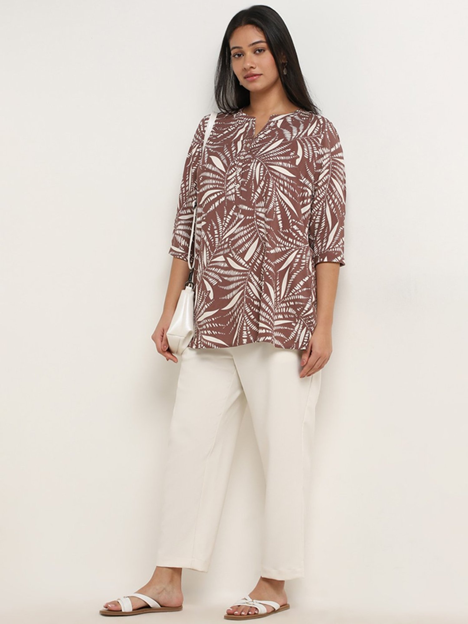 Diza by Westside Brown Leaf Printed Straight Kurti