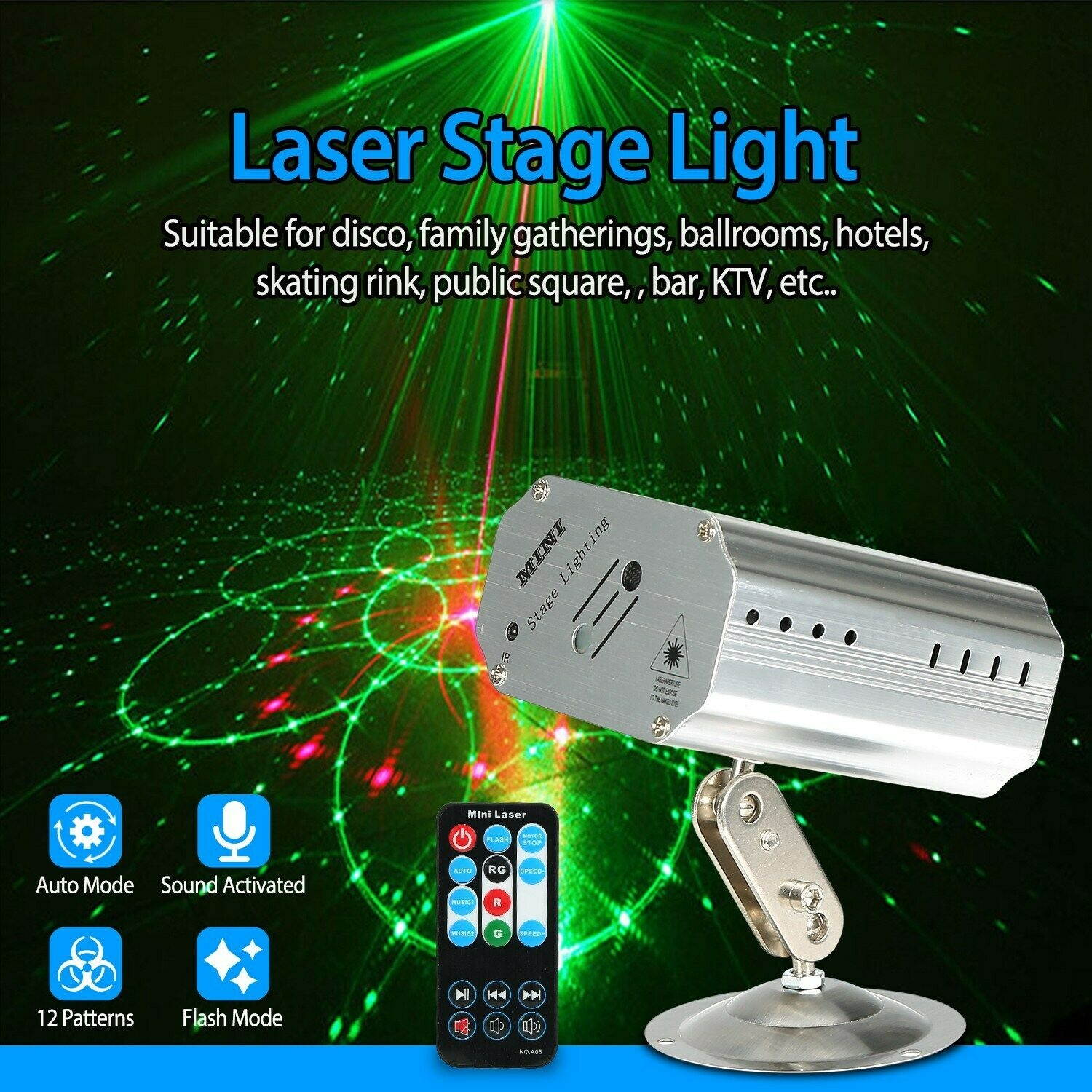 LED Laser Projector Light 12Patterns Auto Xmas Party Stage Light Sound Activated