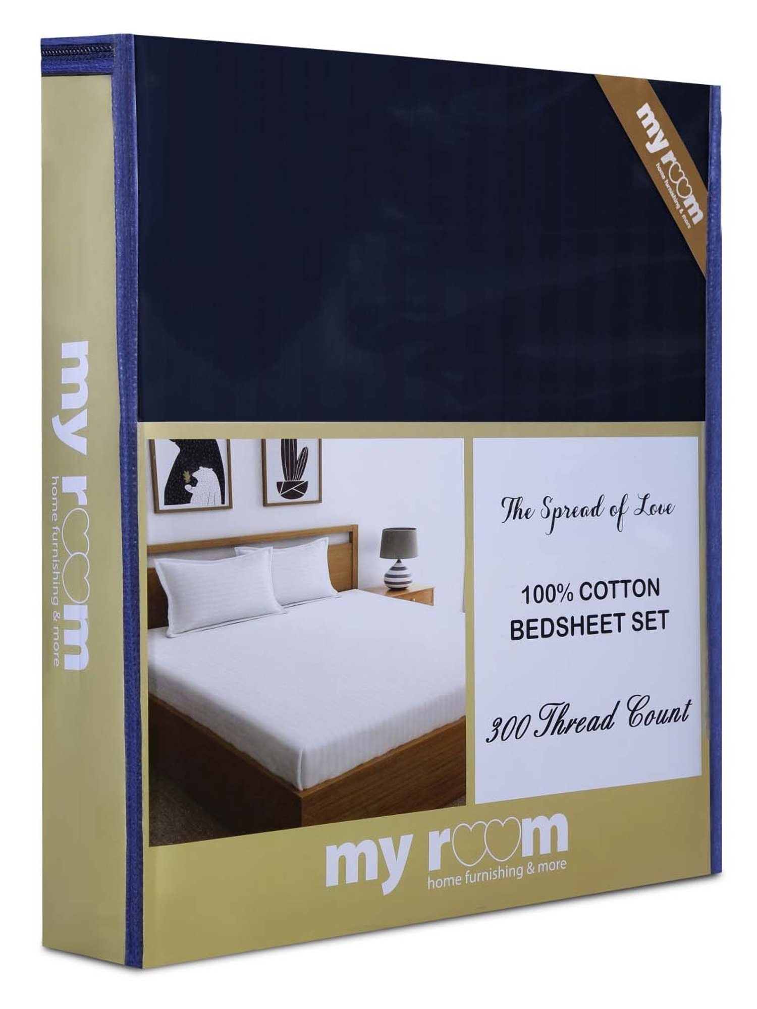 My Room Navy 100% Cotton 300 TC King Bedsheet with 2 Pillow Covers