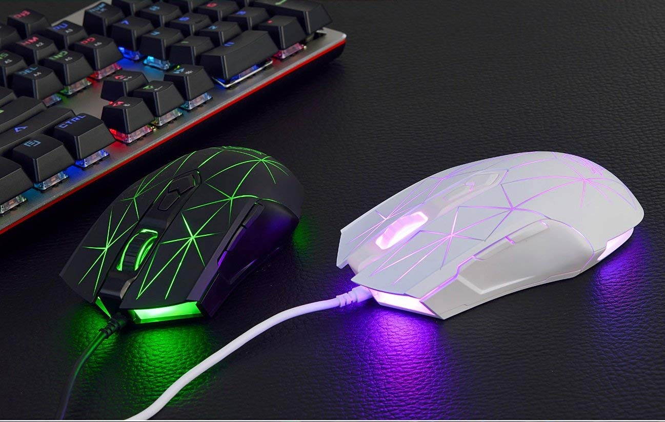 Ajazz AJ52 Watcher RGB Backlit Ergonomic Gaming Mouse, 2500 DPI A5050 7 Programmable Buttons Wired Gaming Mice for Windows Mac OS Linux, Competitor White Star