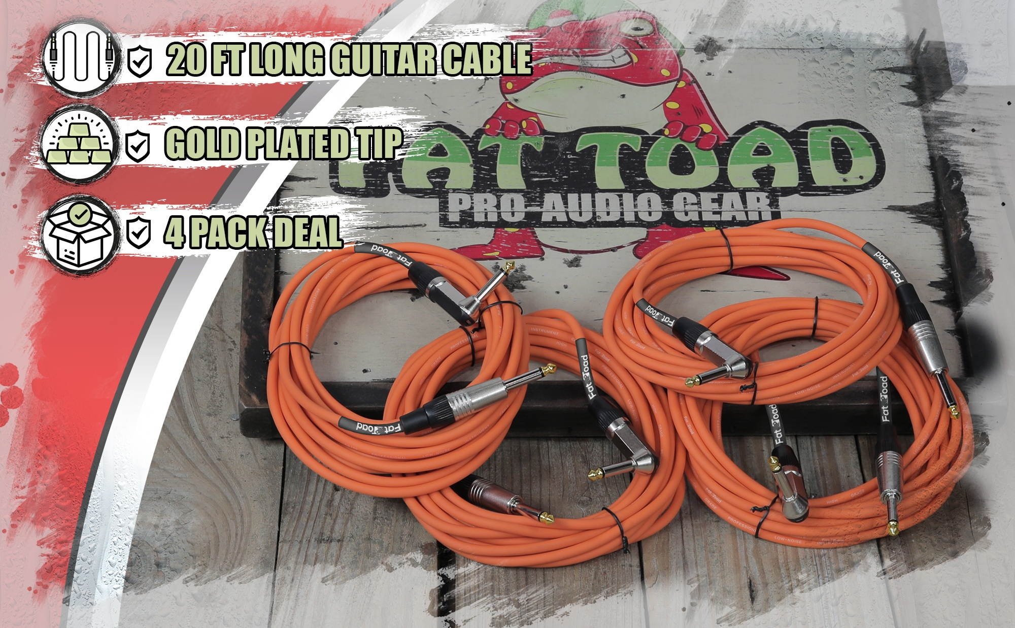 Guitar Cords (4 Pack) Right Angle Instrument Cable by FAT TOAD | 20FT 1/4 Inch Straight-End Wires for Electric Guitar, Bass, Keyboards & Music Sound Recording Studio | Shielded 20 AWG Patch Conductor
