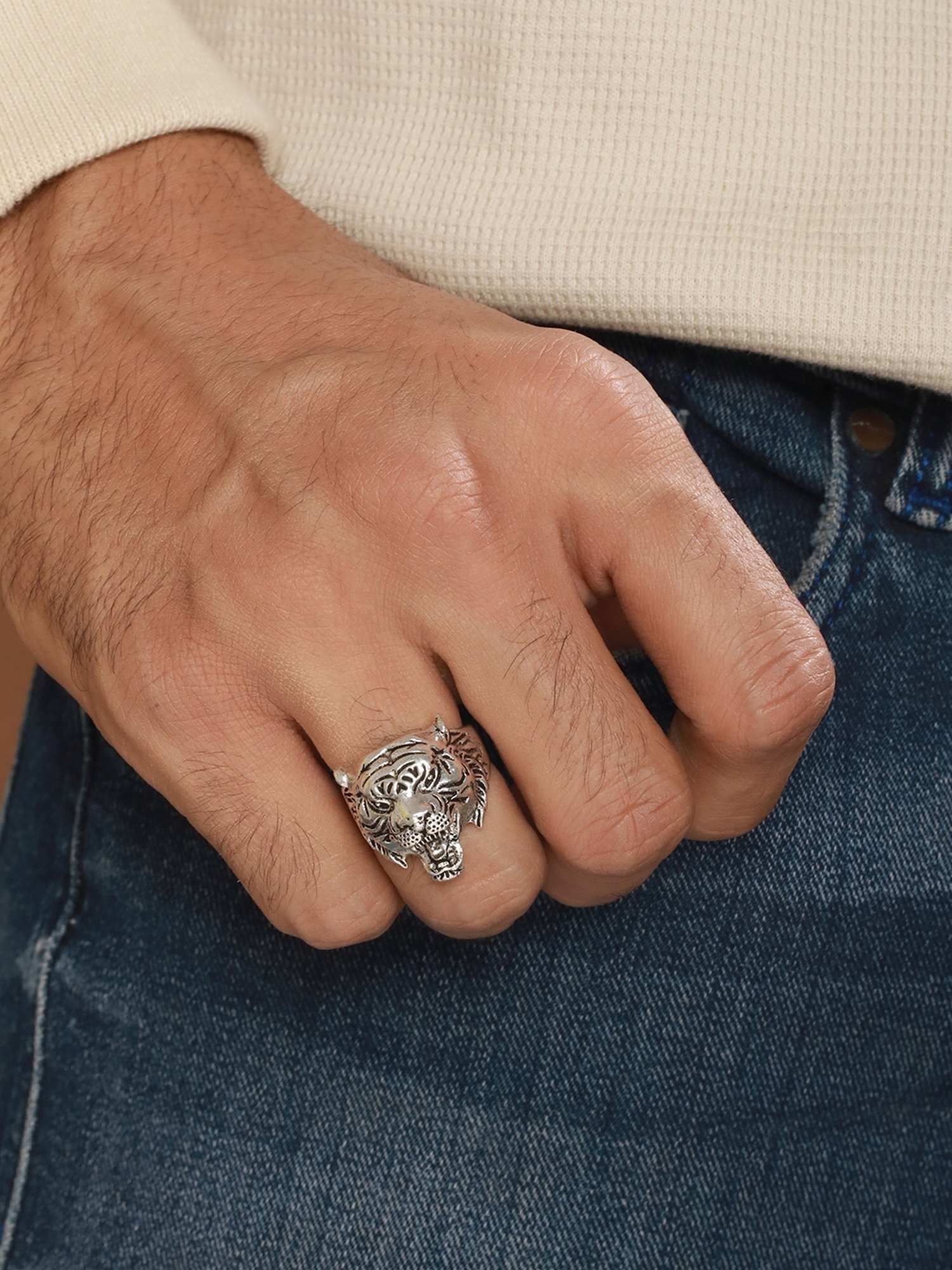 Bold by Priyaasi Roaring Lion Silver Casual Ring for Men