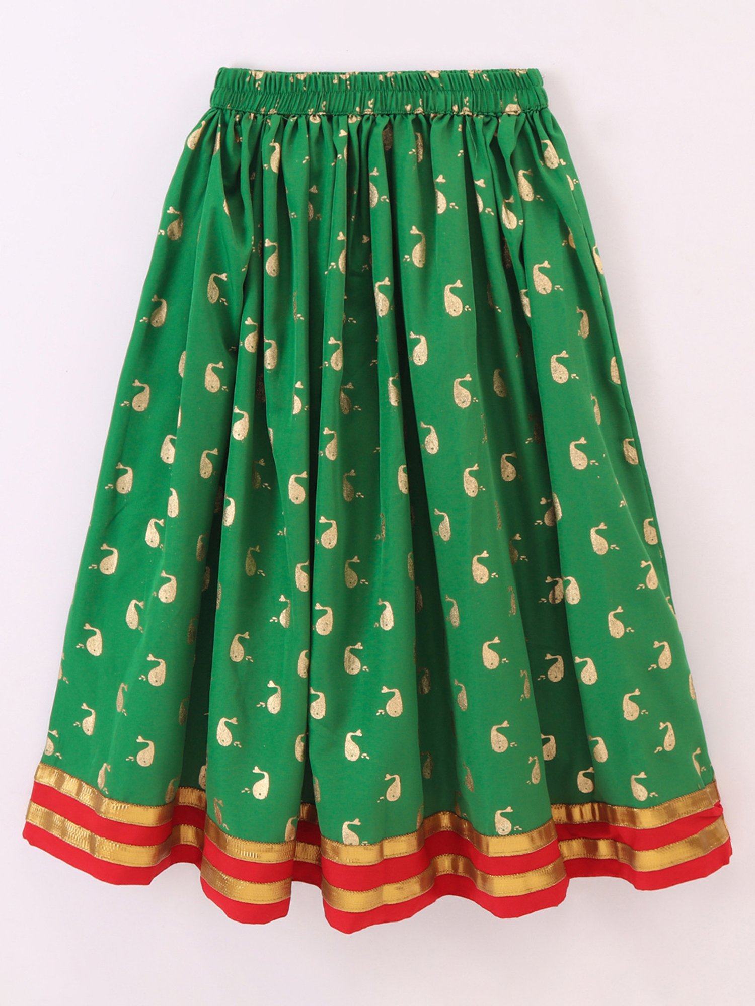 TWISHA Kids Red & Green Self Design Top with Ghagra