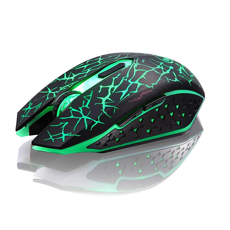 K6 Wireless Gaming Mouse, Rechargeable Silent LED Optical Computer Mice with USB Receiver, 3 Adjustable DPI Level and 6 Buttons, Auto Sleeping Compatible Laptop/PC/Notebook (Green Light)