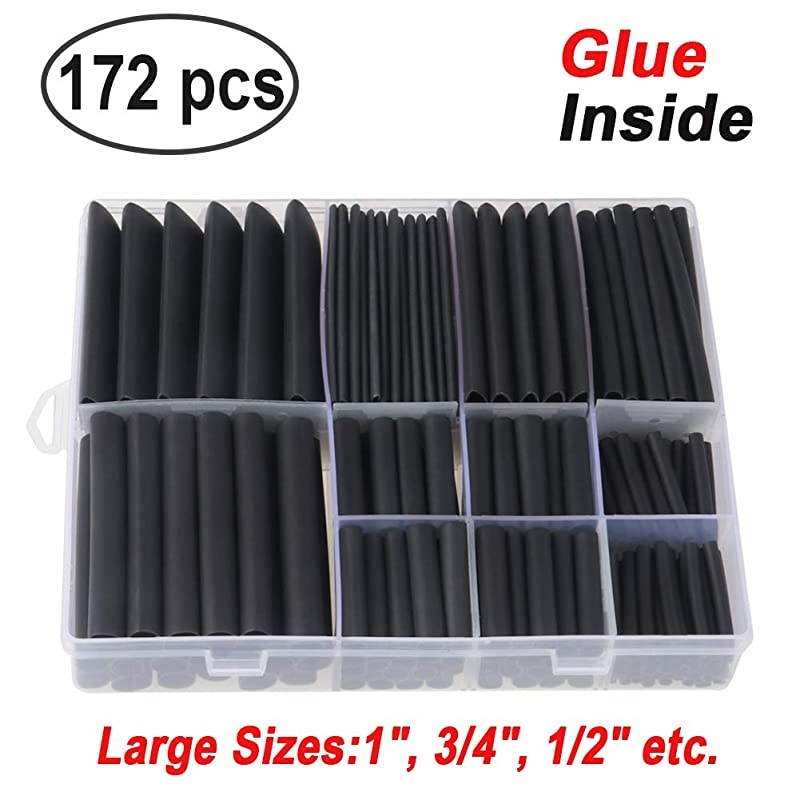 172pcs 3:1 Dual Wall Adhesive Heat Shrink Tubing Kit, 7 Large Sizes (Diameter): 1, 3/4, 1/2, 3/8, 1/4, 3/16, 1/8-inch, Marine Wire Sleeve Tube Assortment with Storage Case for DIY by  (Black)