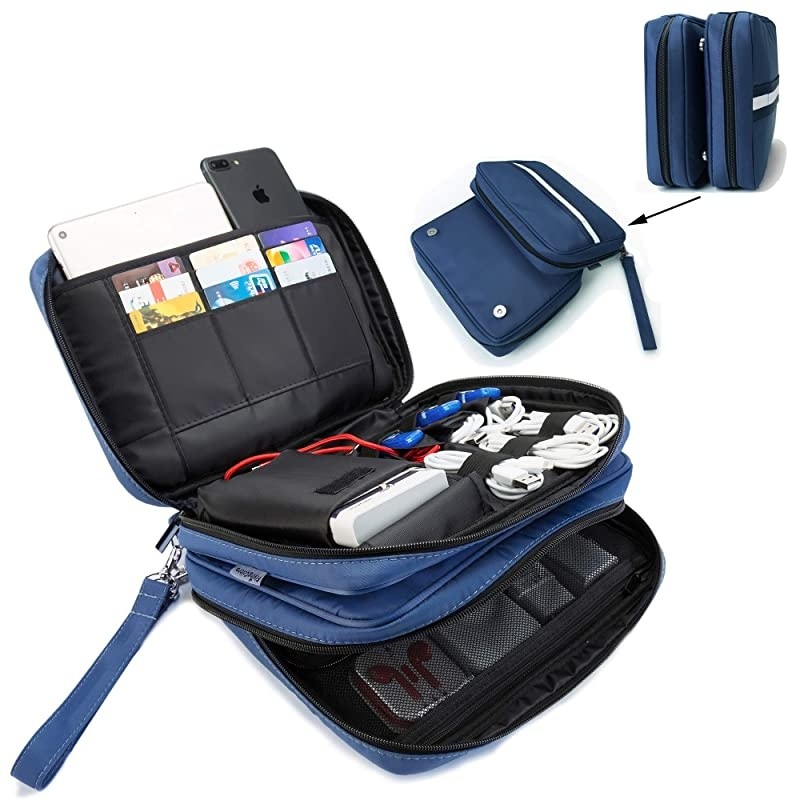 Electronic Organizer Double Layer Detachable Universal Waterproof Travel Cable Case Cord Accessories Storage Bag for Cable iPad Phone Charger USB SD Card Blue