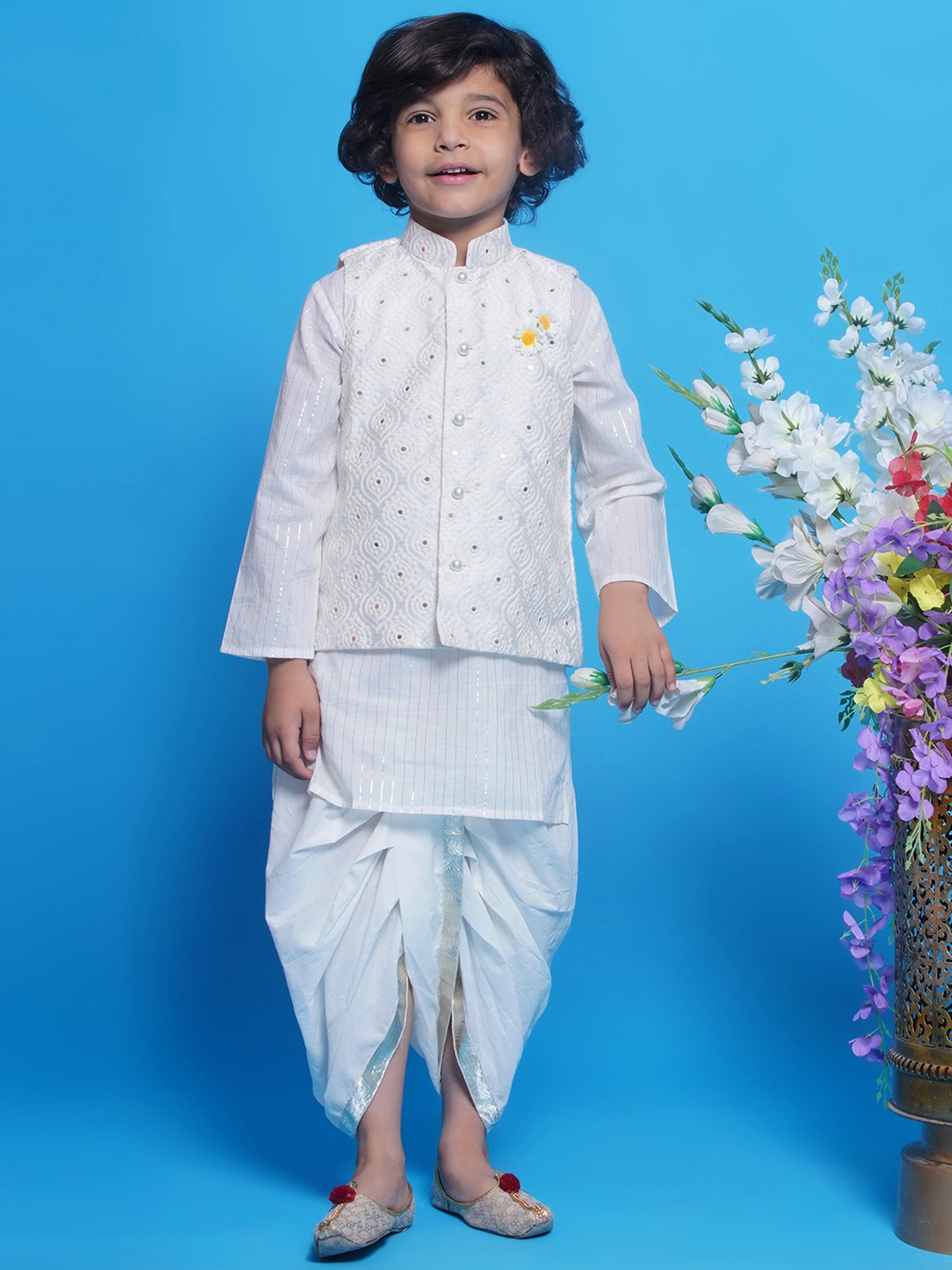 Little Bansi Kids Off White Embroidered Full Sleeves Kurta, Dhoti with Nehru Jacket