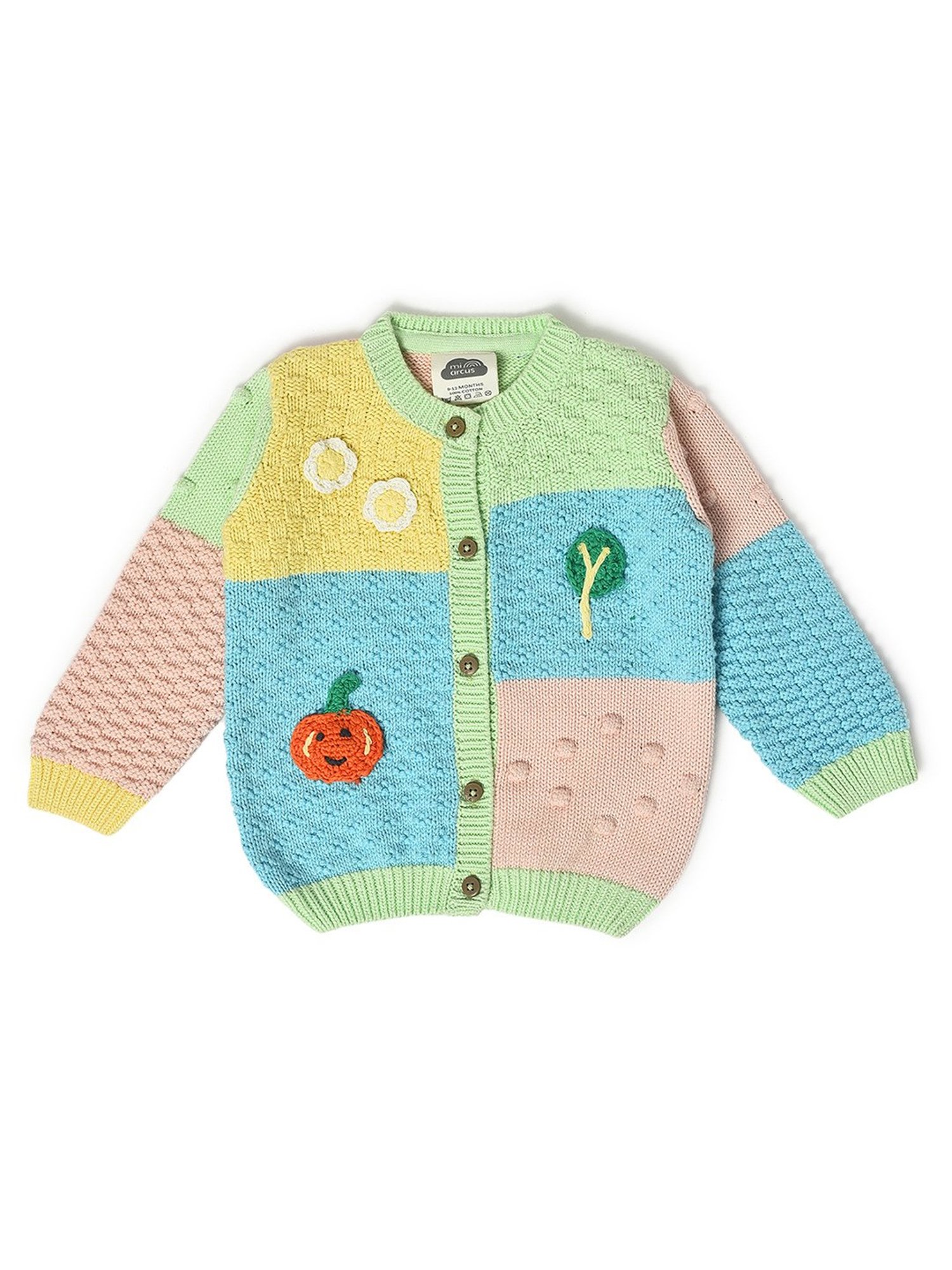 MINIKLUB Girls Green Self Design Full Sleeves Sweater