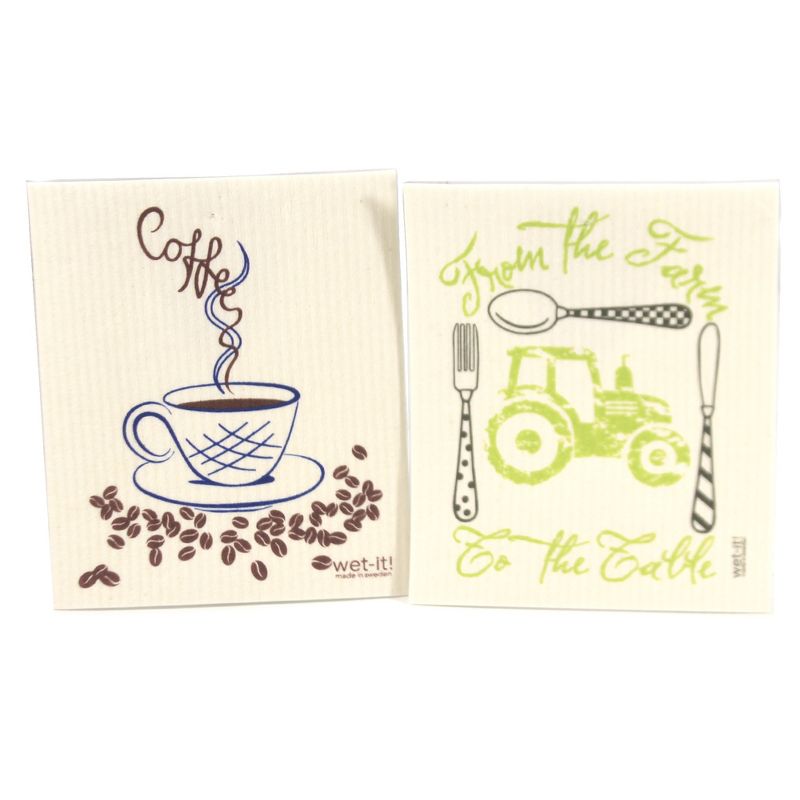 Swedish Dish Cloth 7.75" Morning Coffee Set Cleaning Cloth Fork Knife Spoon  -  Dish Cloth