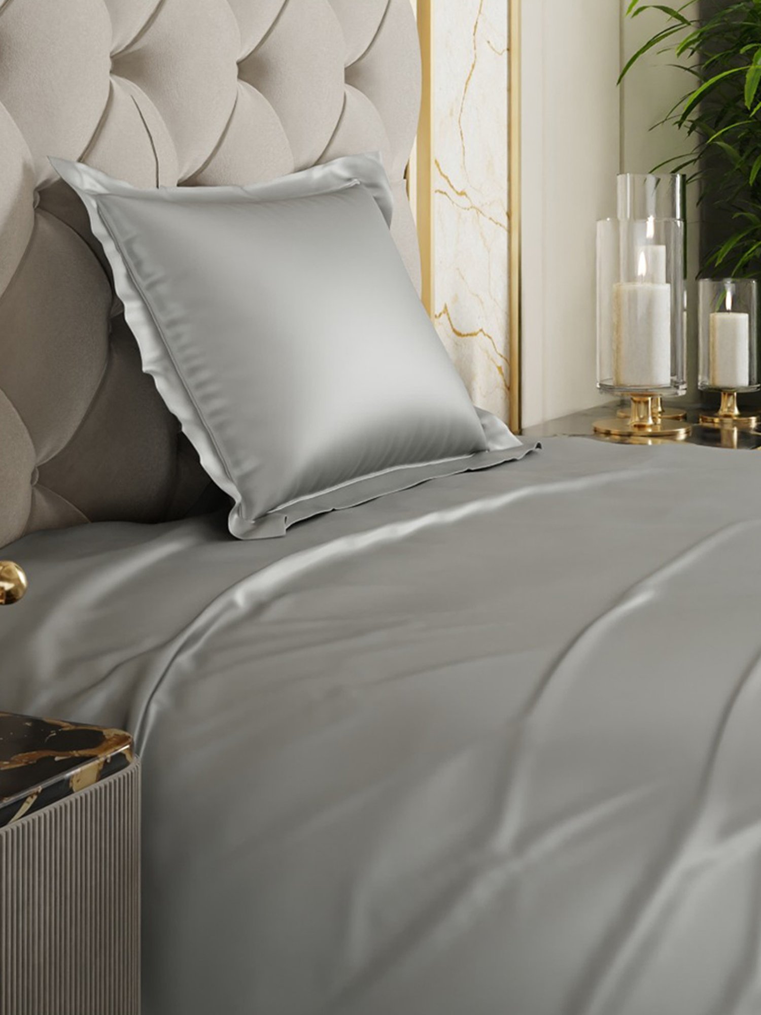 Stoa Paris Date Night Silver Polyester 300 TC Single Bedsheet with 1 Pillow Cover