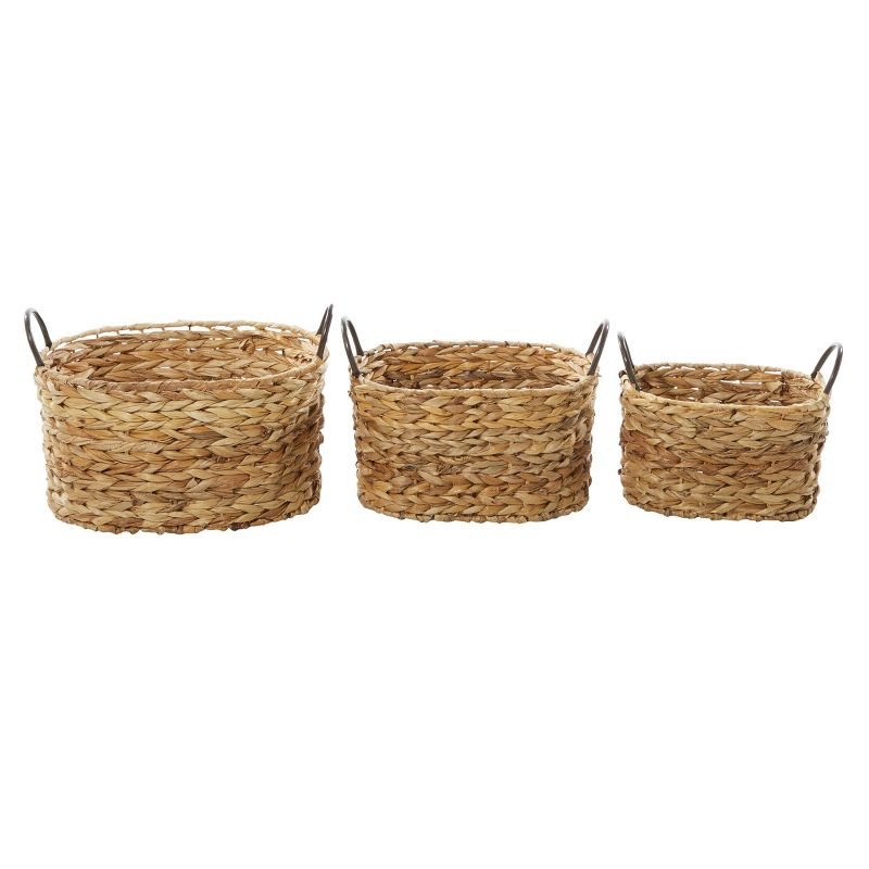 Olivia & May Set of 3 Large Oval Braided Wicker Storage Baskets with Metal Handles Natural
