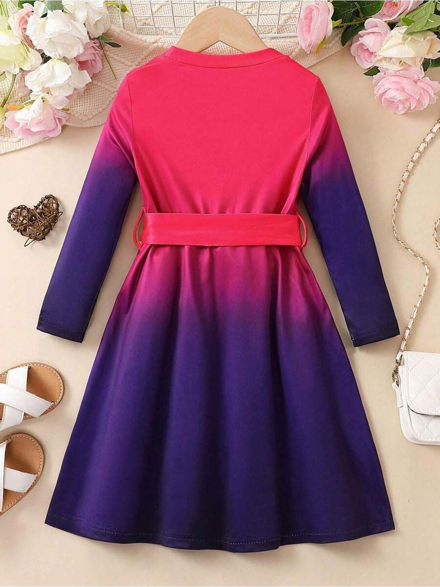 Bolly Lounge Girls Pink & Blue Solid Full Sleeves Dress