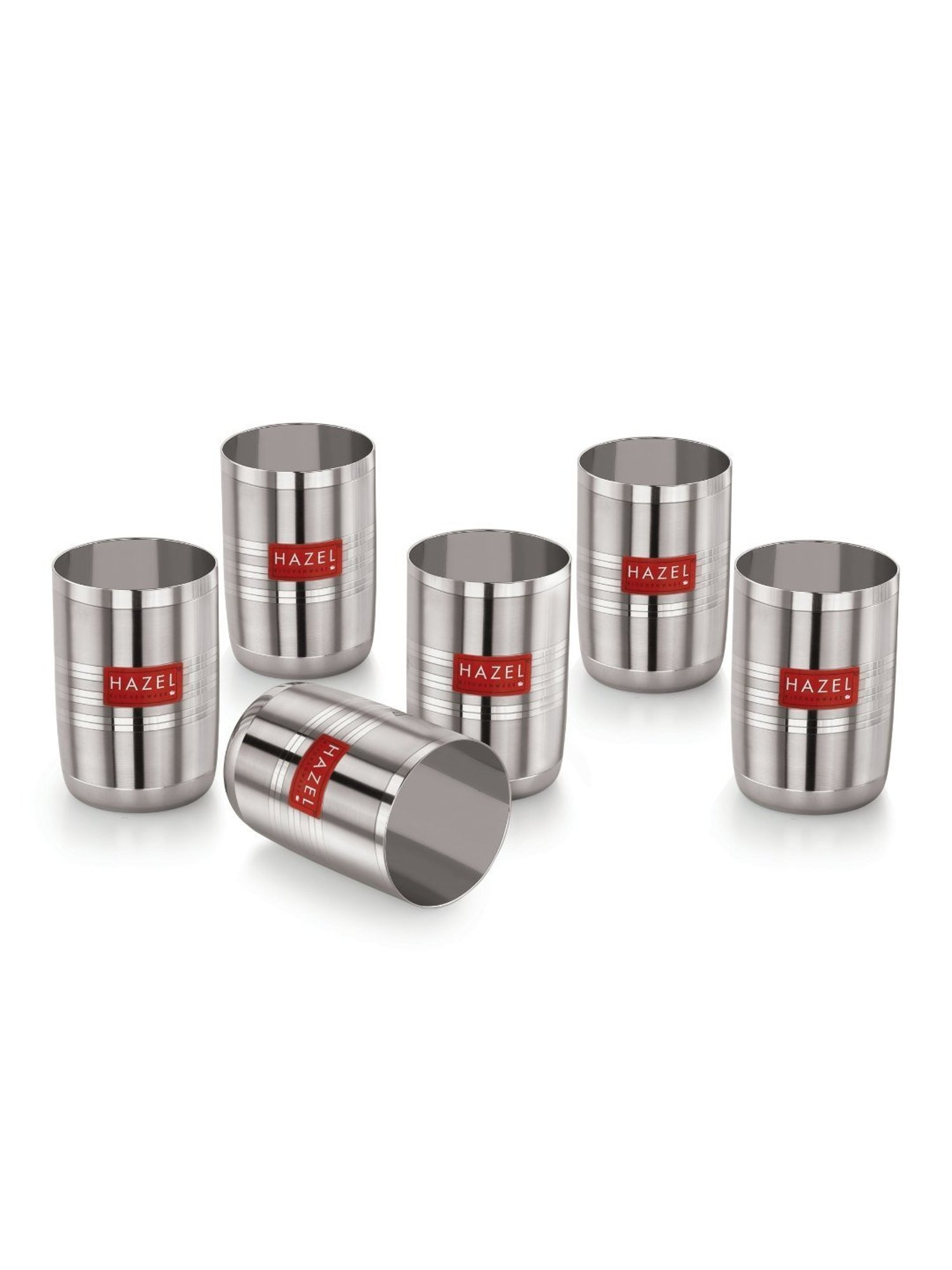 HAZEL Silver Stainless Steel Drinking Water Glasses - Set of 6 (350ml)