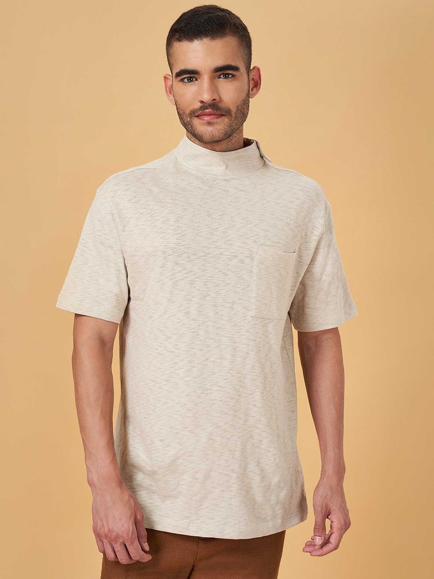 7 Alt by Pantaloons Beige Cotton Relaxed Fit T-Shirt